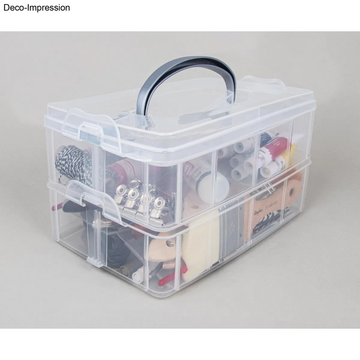 Rayher box di conservazione, box assortimento con manico, 4 ripiani, 23,1 x 15,6 cm, altezza 24,7 cm, plastica, trasparente, ideale per miniature, giocattoli, attrezzi, accessori da cucito