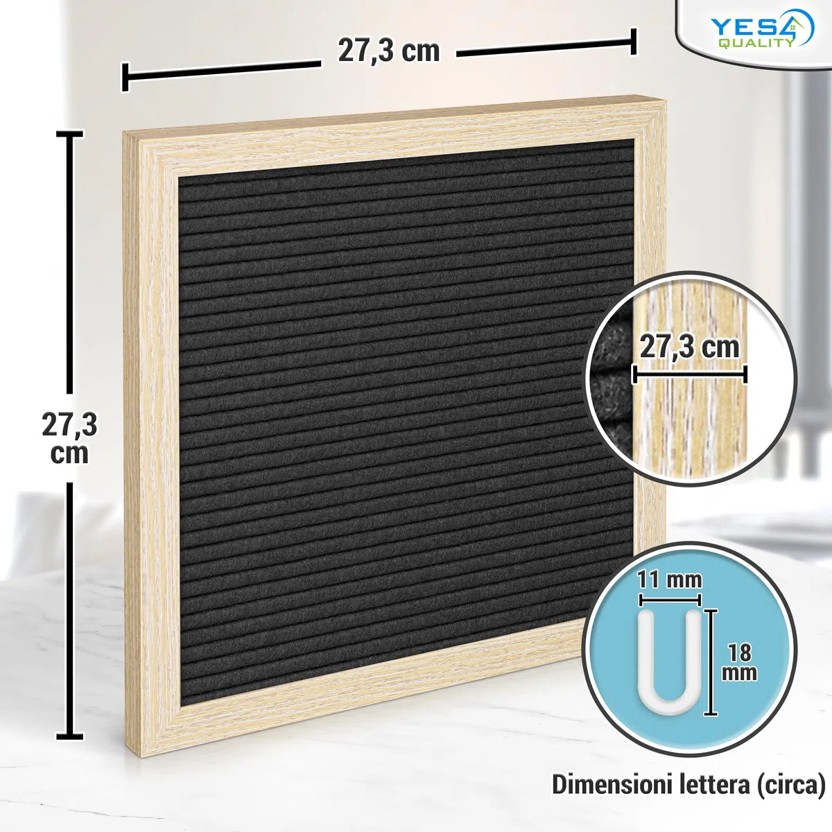 Lavagna per lettere in feltro - 25x25 cm, Nero - 170 lettere, numeri ed emoji per celebrazioni e annunci - Lavagna per messaggi personalizzabile con cornice in legno per la casa - di Yes4Quality
