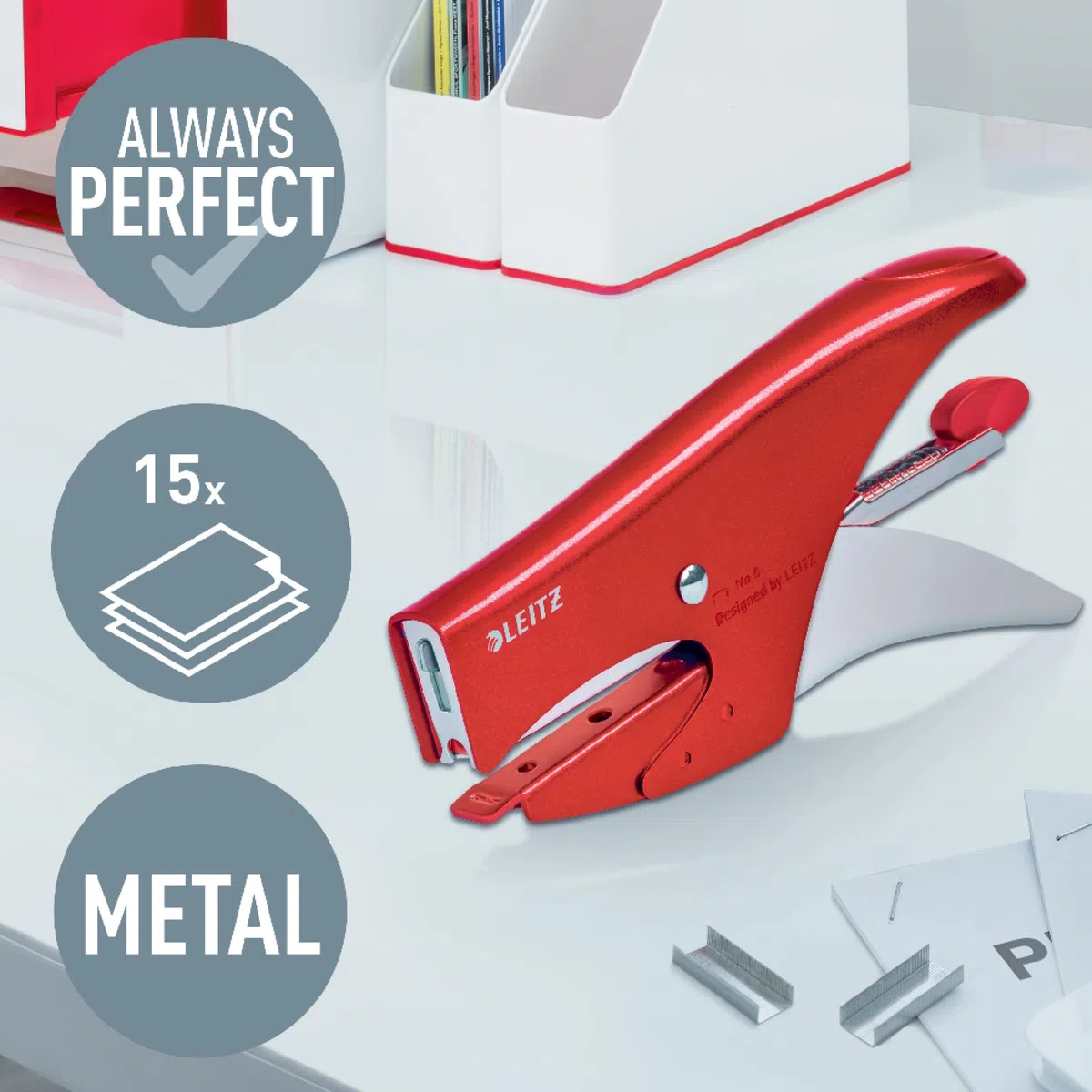 Leitz WOW, Cucitrice a pinza capacità fino a 15 fogli, Cucitrice in metallo ergonomica, Caricamento posteriore, Compatibile con punti P1 n.8, Rosso, 55472026