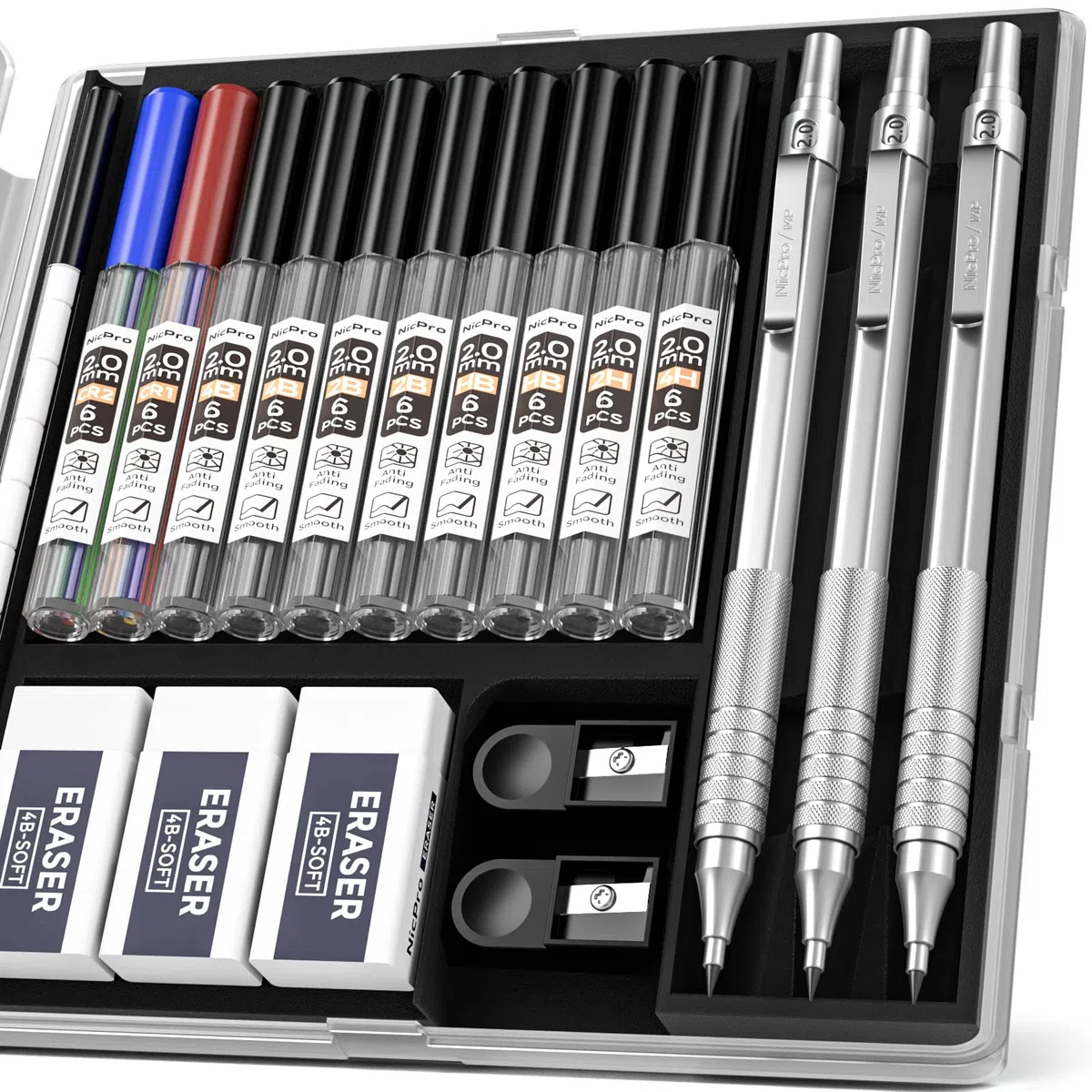 Nicpro 3 Pezzi 2mm Metallo Matite Meccaniche Astuccio, Art Portamine Falegname Set con 10 Tubi Mine (HB 2H 4H 2B 4B)(Nero, Colors), 3 Gomma 2 Temperamatite Astuccio per Artista Disegno Scrittura