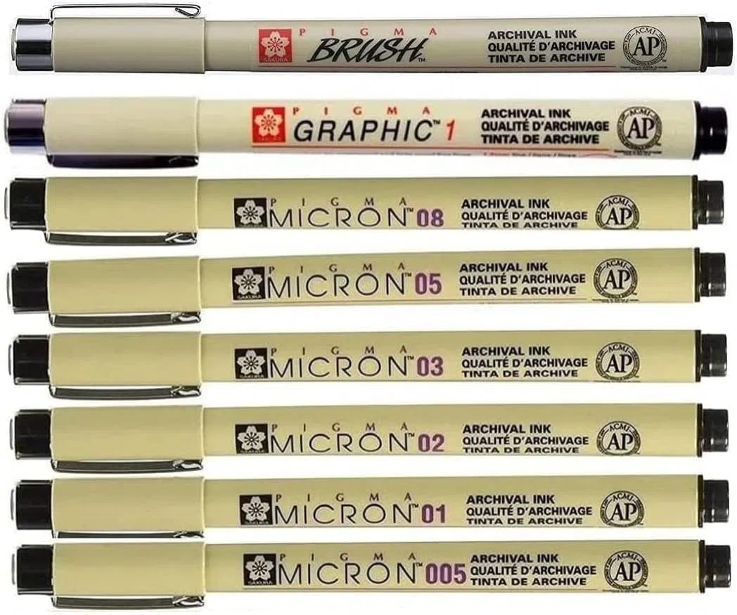 Pigma Micron Sakura - Set di Penne 005,01,02,03,05,08,1mm Brush