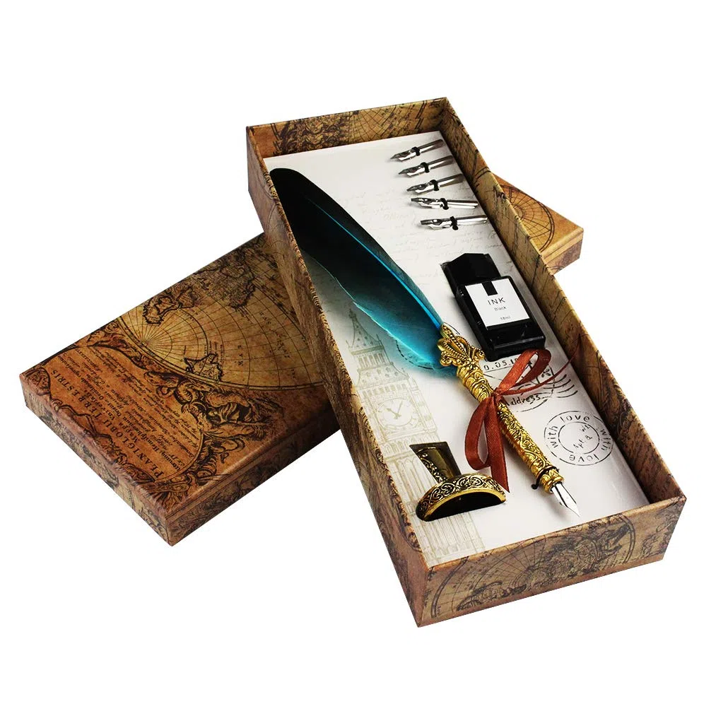 Set per scrittura calligrafica con 5 pennini di ricambio, inchiostro, calamaio e penna, regalo blu
