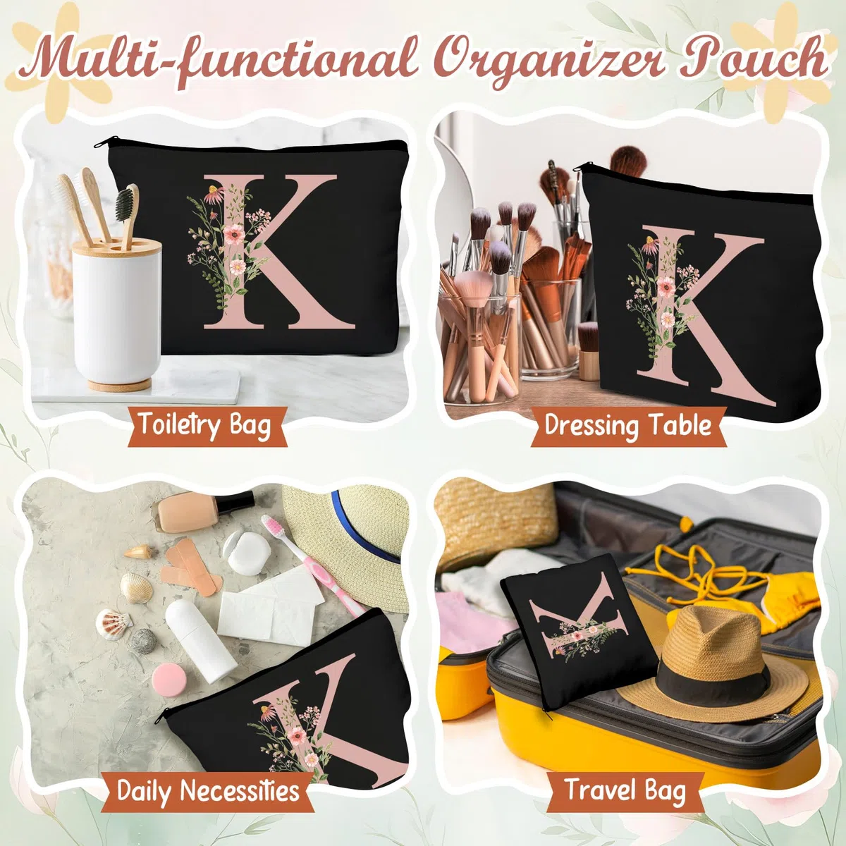 Hestya 5 Pezzi Regalo con Lettere Set Regalo Iniziale con Borsa Tote Pochette Portachiavi Taccuino e Penna Set Alfabeto per Donna, Compleanno, Natale