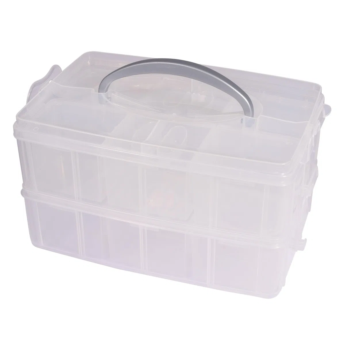 Rayher box di conservazione, box assortimento con manico, 2 ripiani, 23,1 x 15,6, altezza 13 cm, plastica, trasparente, ideale per miniature, giocattoli, attrezzi, accessori da cucito