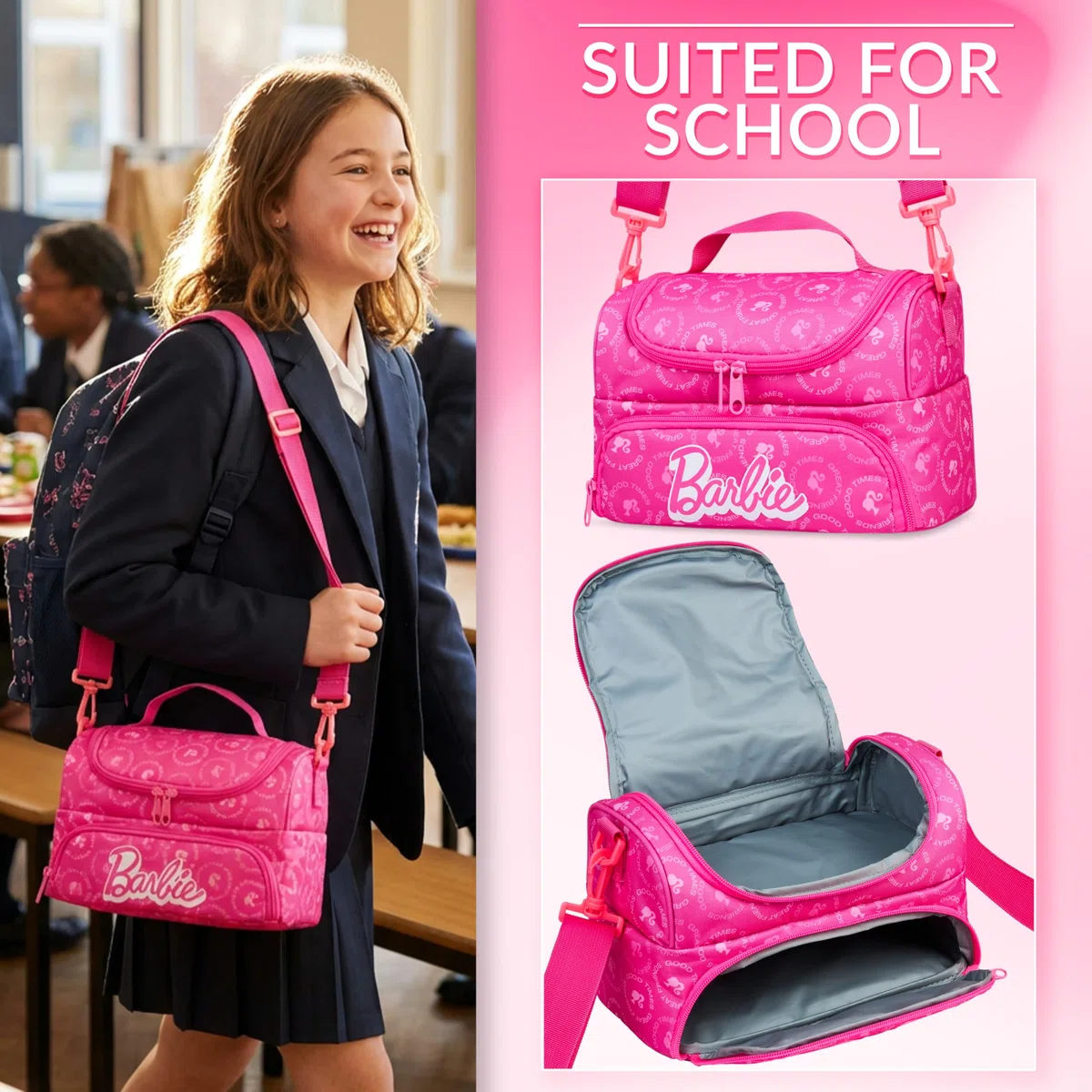 Get Trend Barbie Borsa Termica Porta Pranzo Bambini, Borsa Pranzo con 2 Scomparti Isolati Zip, Manico Robusto e Tracolla Regolabile e Rimovibile per Scuola e Gite, Idea Regali