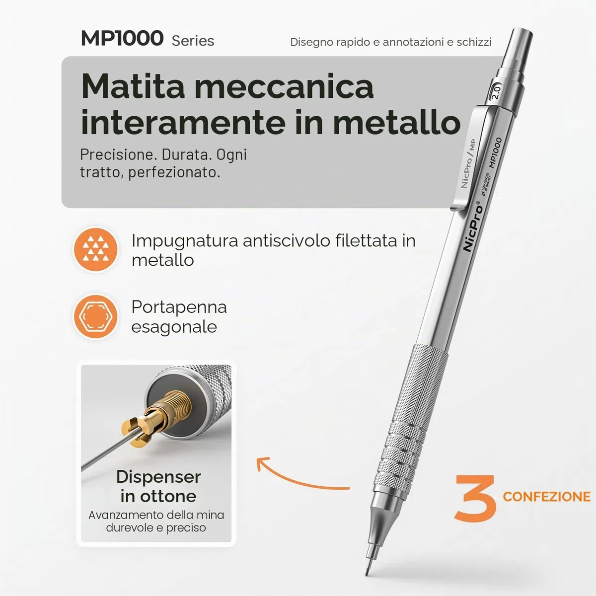 Nicpro 3 Pezzi 2mm Metallo Matite Meccaniche Astuccio, Art Portamine Falegname Set con 10 Tubi Mine (HB 2H 4H 2B 4B)(Nero, Colors), 3 Gomma 2 Temperamatite Astuccio per Artista Disegno Scrittura