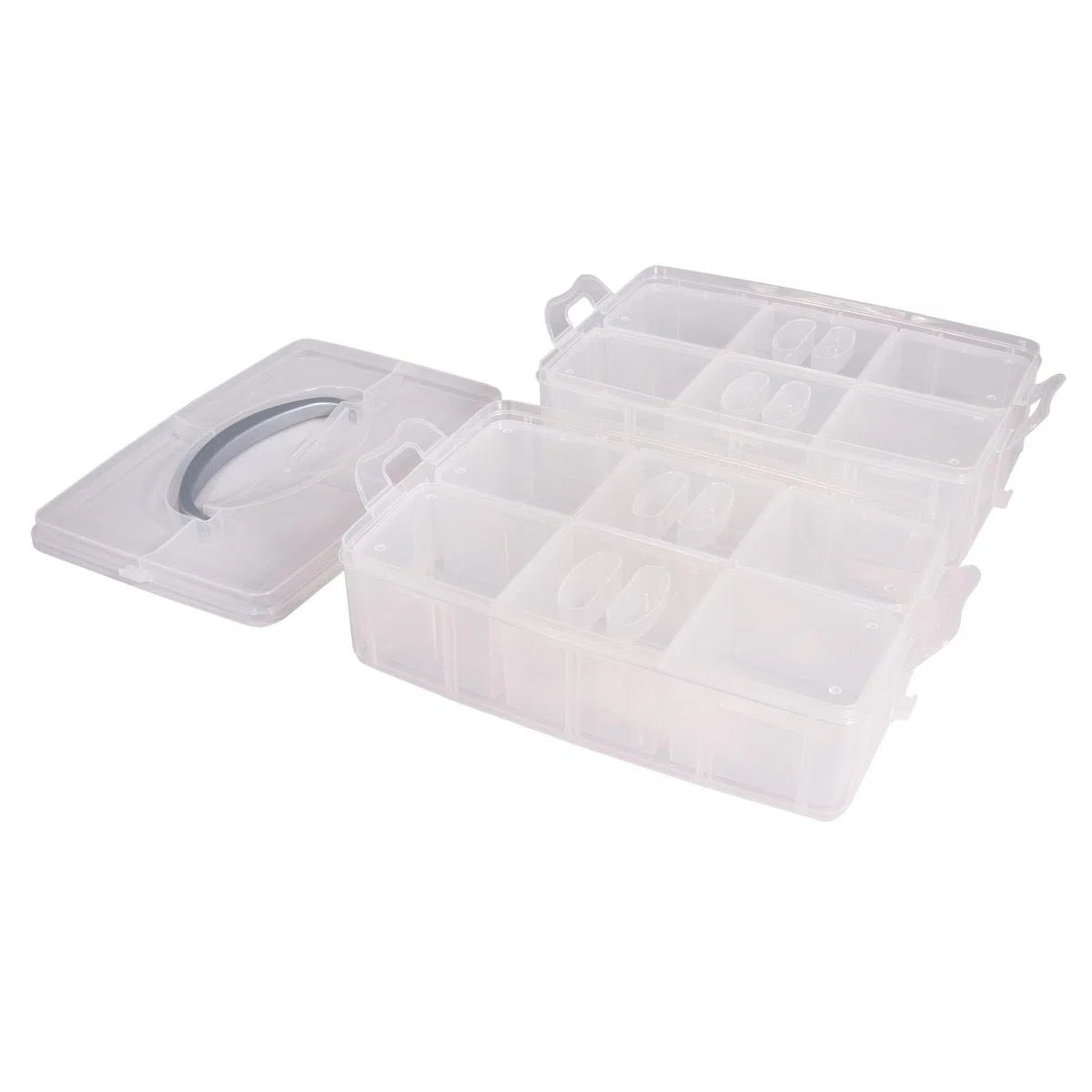 Rayher box di conservazione, box assortimento con manico, 2 ripiani, 23,1 x 15,6, altezza 13 cm, plastica, trasparente, ideale per miniature, giocattoli, attrezzi, accessori da cucito