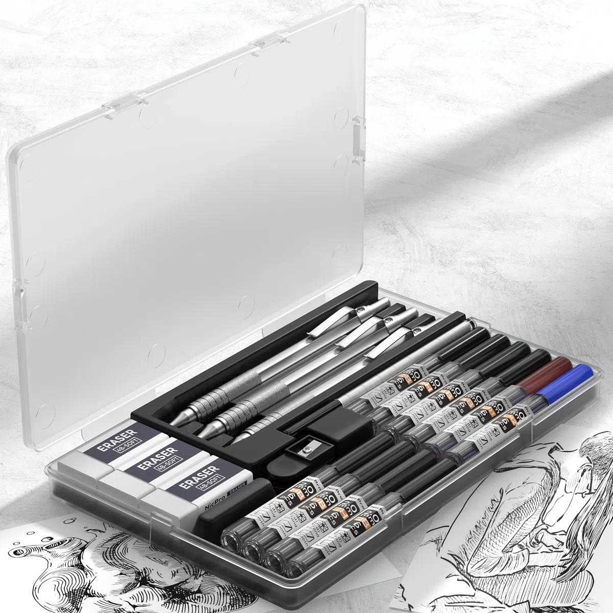 Nicpro 3 Pezzi 2mm Metallo Matite Meccaniche Astuccio, Art Portamine Falegname Set con 10 Tubi Mine (HB 2H 4H 2B 4B)(Nero, Colors), 3 Gomma 2 Temperamatite Astuccio per Artista Disegno Scrittura