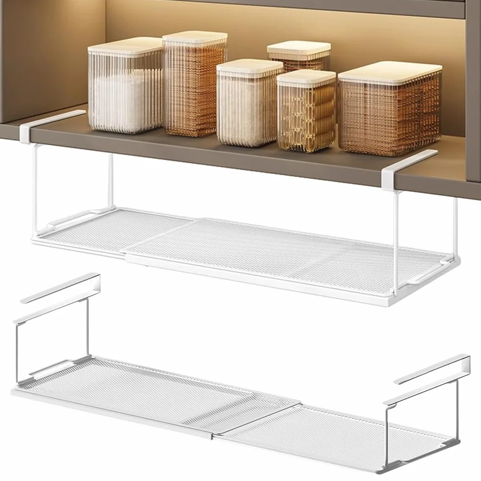 Cesto sospeso in metallo con regolabile da 38 a 70 cm, estraibile sotto scaffale, per armadio da cucina, dispensa e armadi (bianco)
