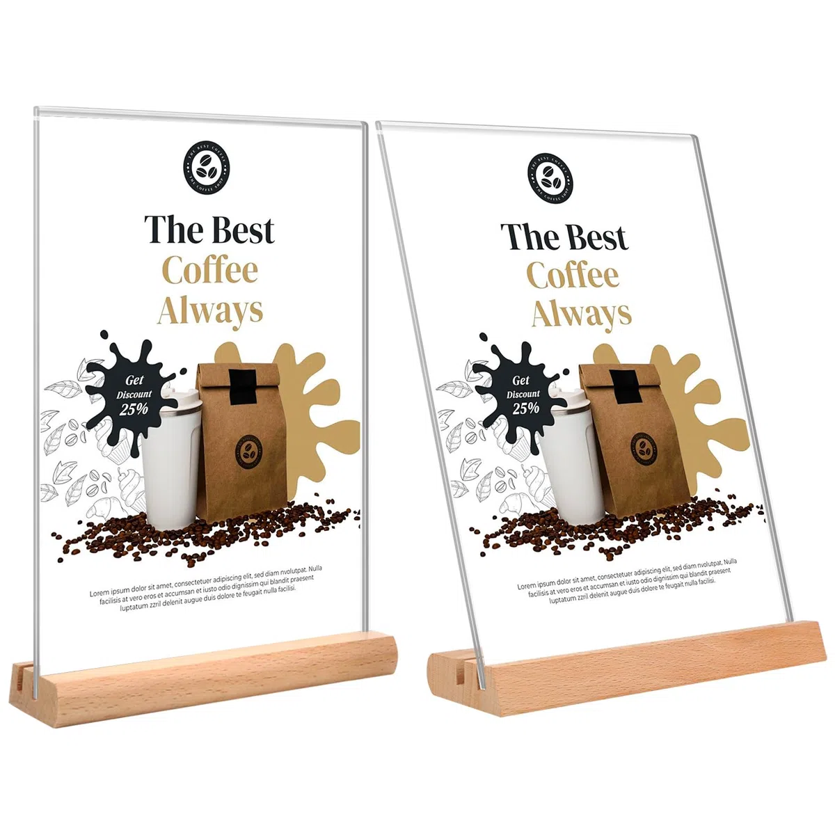 2 espositori da tavolo A4, formato A4, in acrilico, con base in legno, per foto, caffè, ristoranti, esposizioni, uffici, promozioni (forma & T – 2 opzioni)
