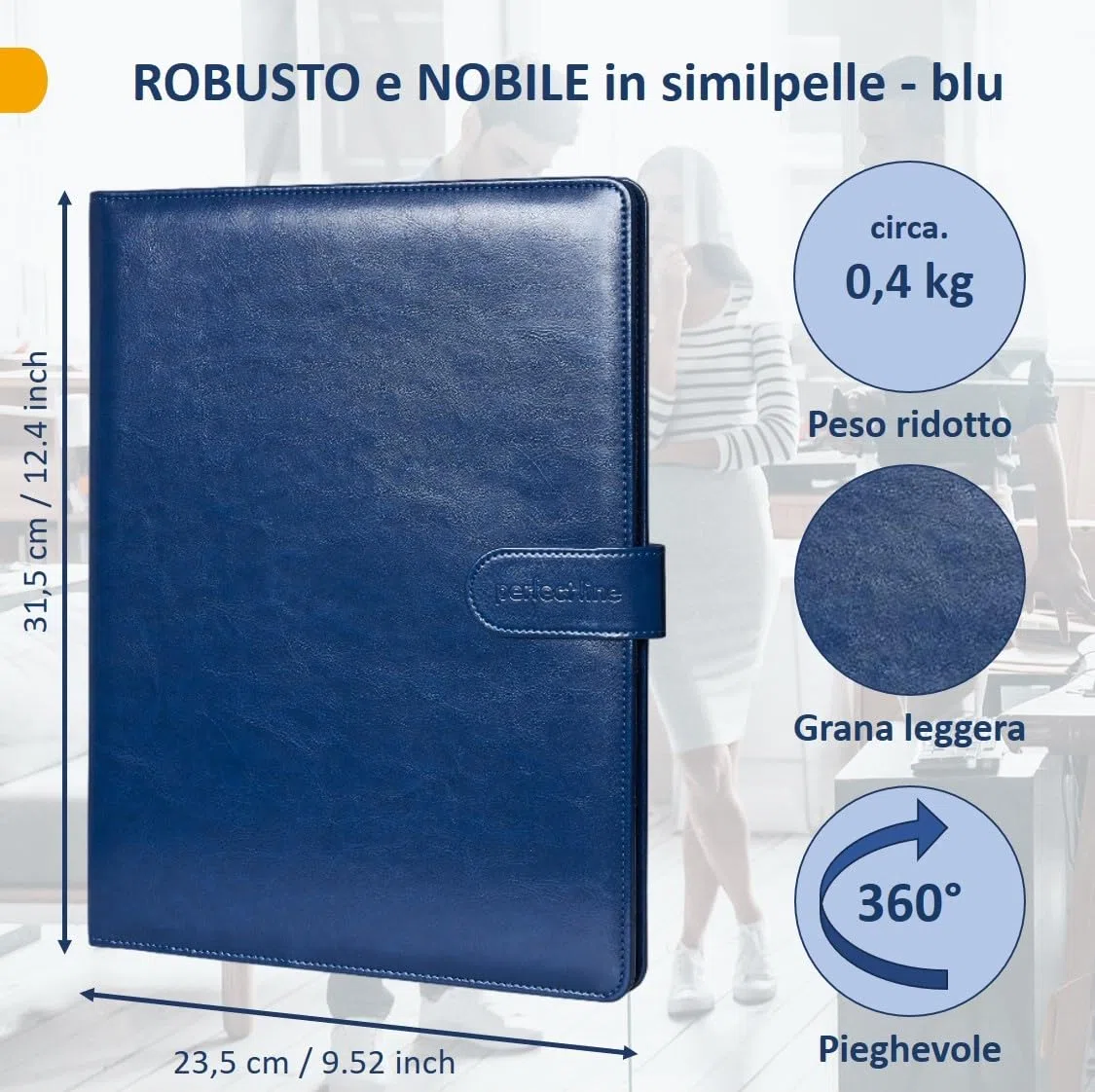 perfect line Cartellina portadocumenti DIN A4 con chiusura magnetica, in ecopelle resistente con elegante effetto pelle, cartellina per business di alta qualità (1 cartella, blu)