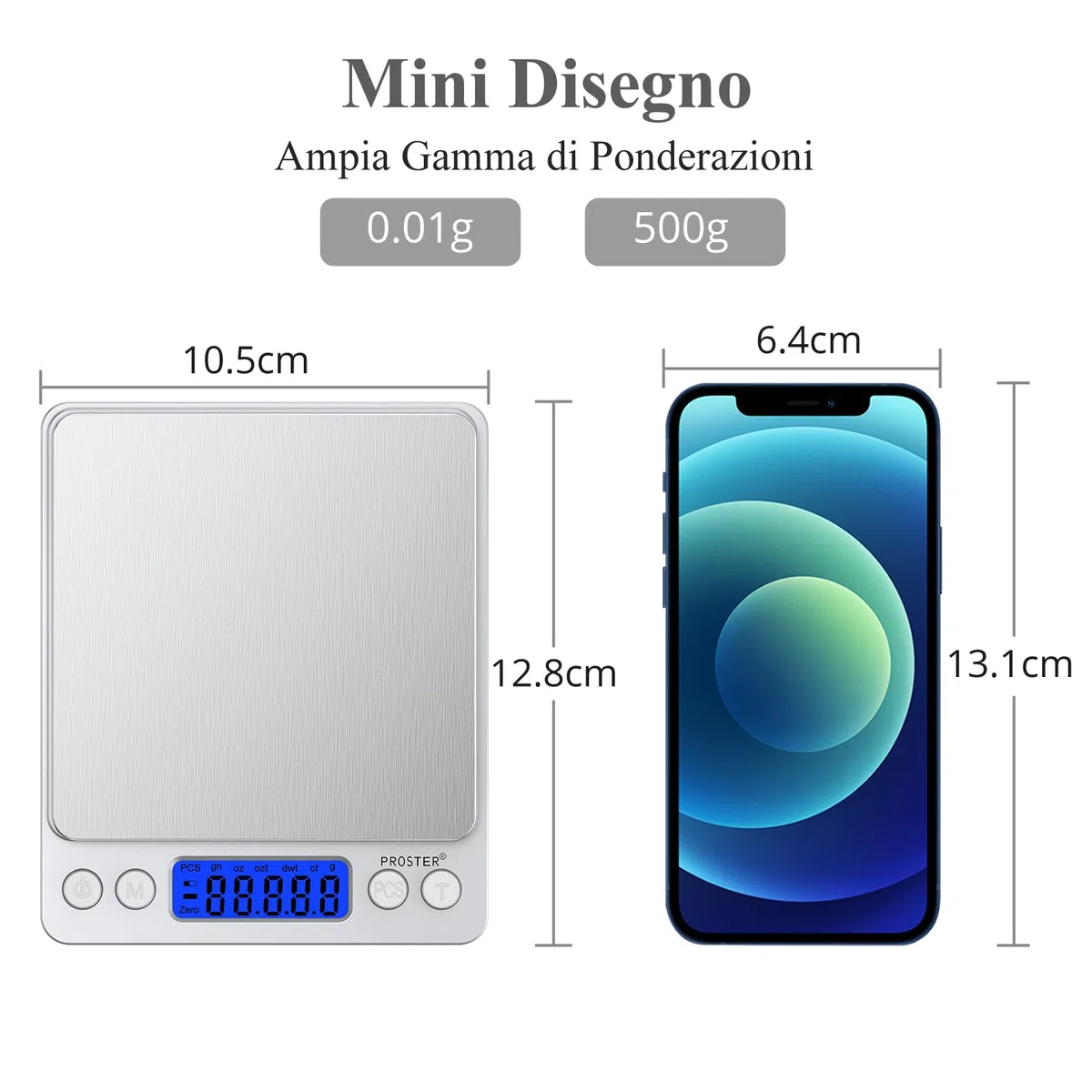 Proster Mini Bilancia Digitale Tascabile 0,03-500g Bilancia da Cucina con Funzione Tare Display LCD Retroilluminato Acciaio Inox Bilancino per Gioielli e Piccoli Oggetti Alta Precisione Portatile
