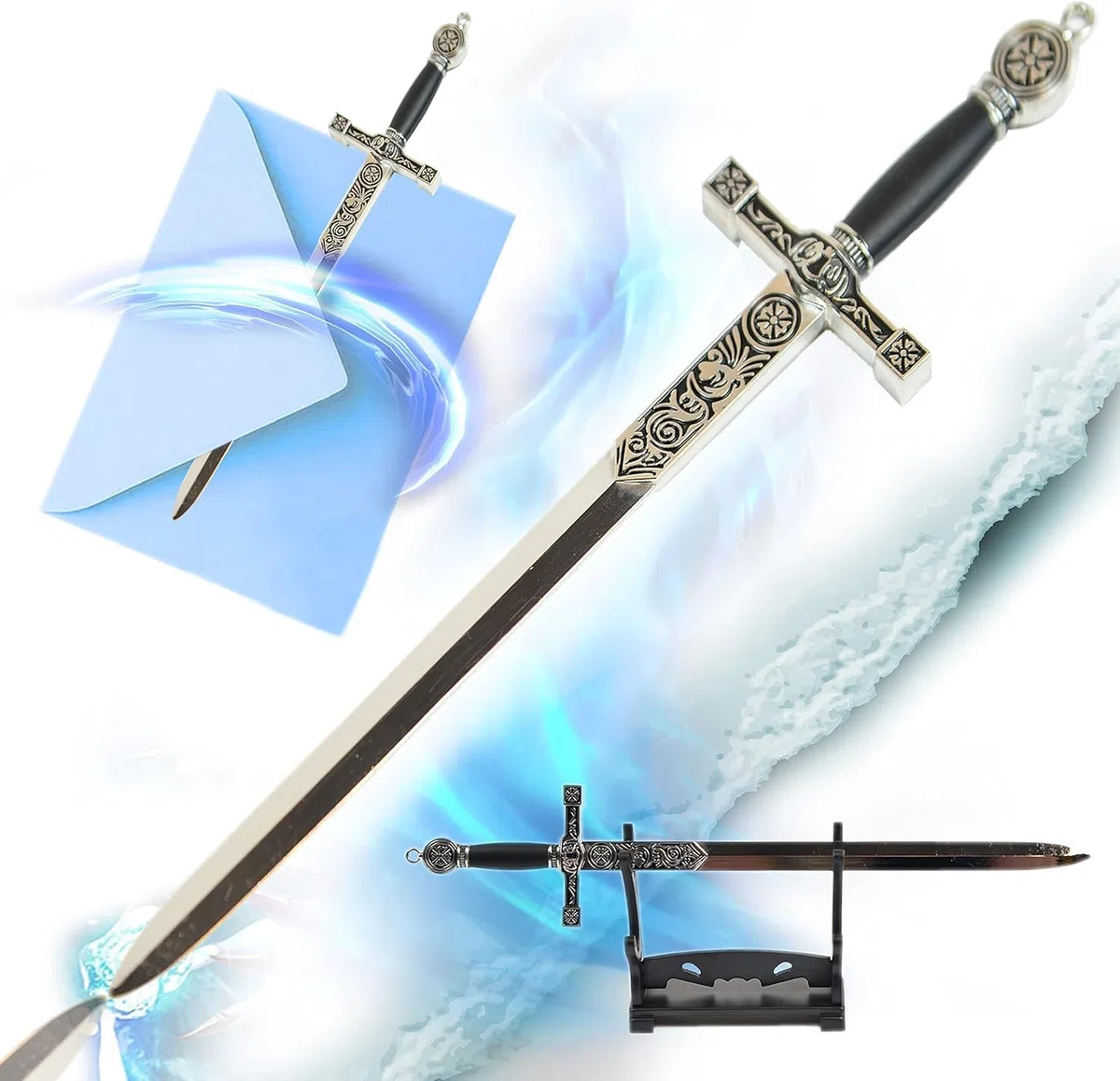 Tagliacarte a forma di spada di Re Artù, con supporto, accessorio da ufficio, spada in miniatura, Excalibur, decorazione per la casa, 21 cm, materiale di alta qualità, per collezionisti e fan