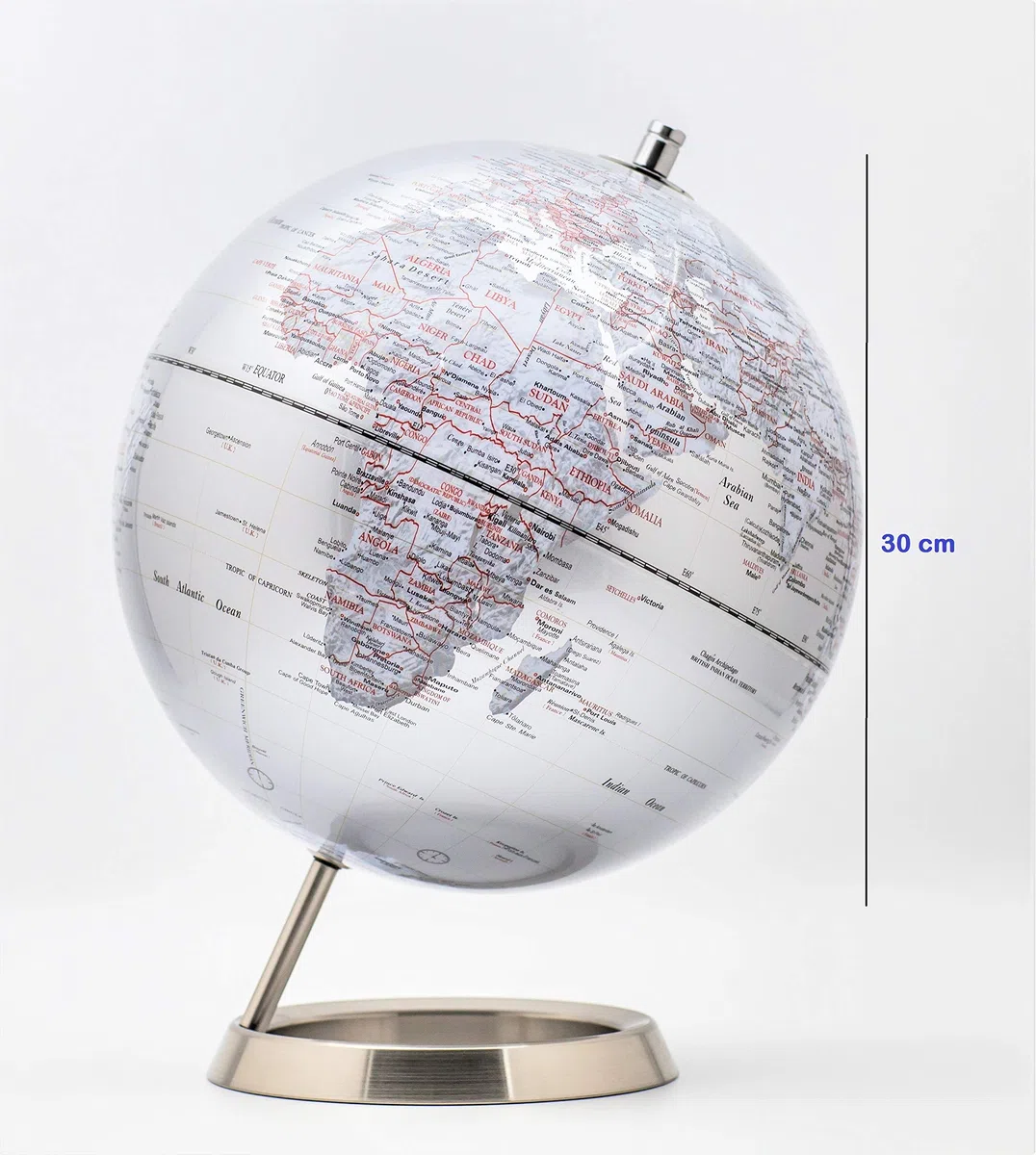 EXERZ 30CM Mappamondo/Globo Argento Metallizzato in Inglese - con una base in acciaio inossidabile - confezionato in scatola premier Kraft, Perfetto come Regalo (Diametro: 30CM)