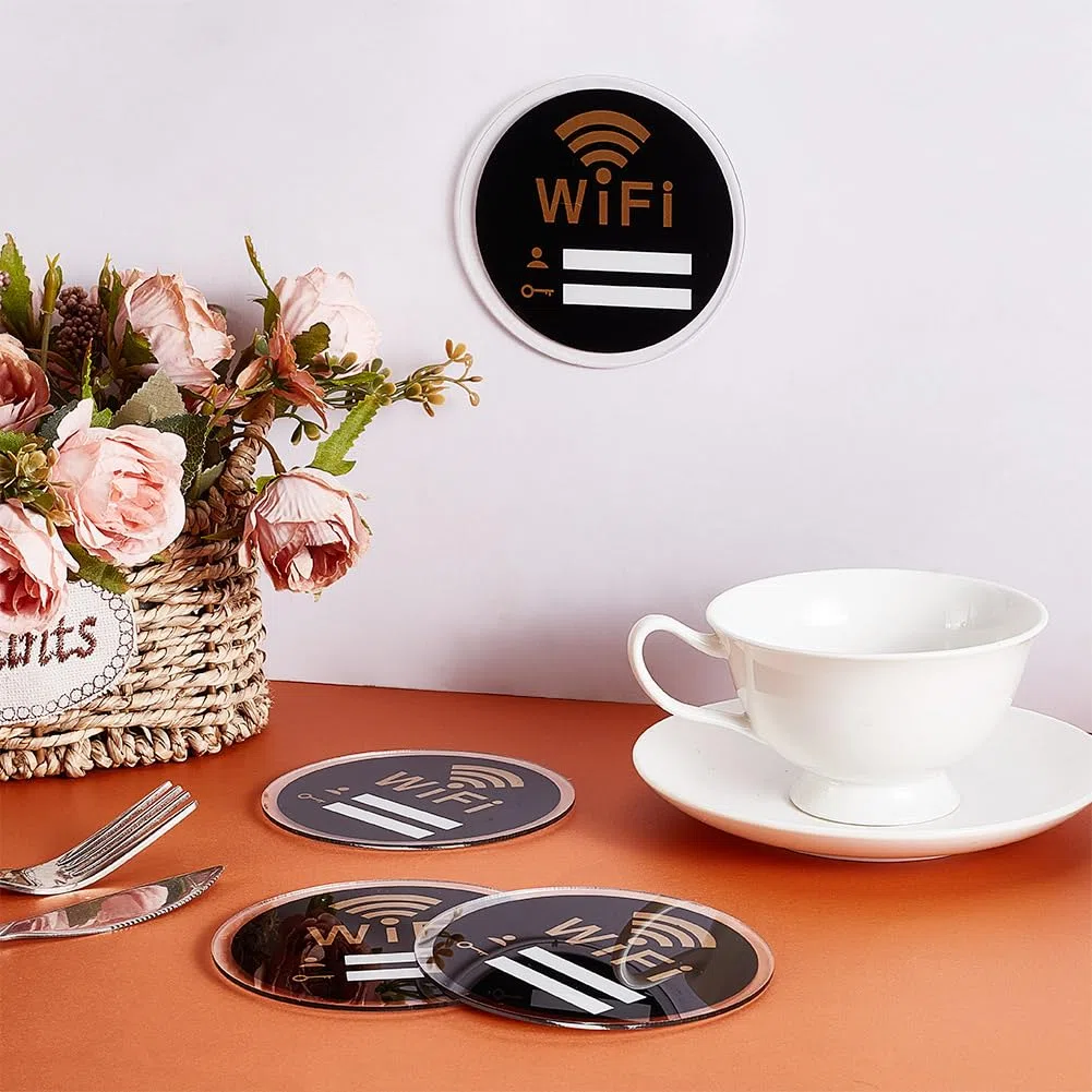 AHANDMAKER 4 pz WiFi Password Cartello Autoadesivo Rotondo Wifi Cartello Acrilico Copertura di Rete Wireless Cartello per Casa Lavoro Ristoranti Decorazione Parete 10 x 10 cm