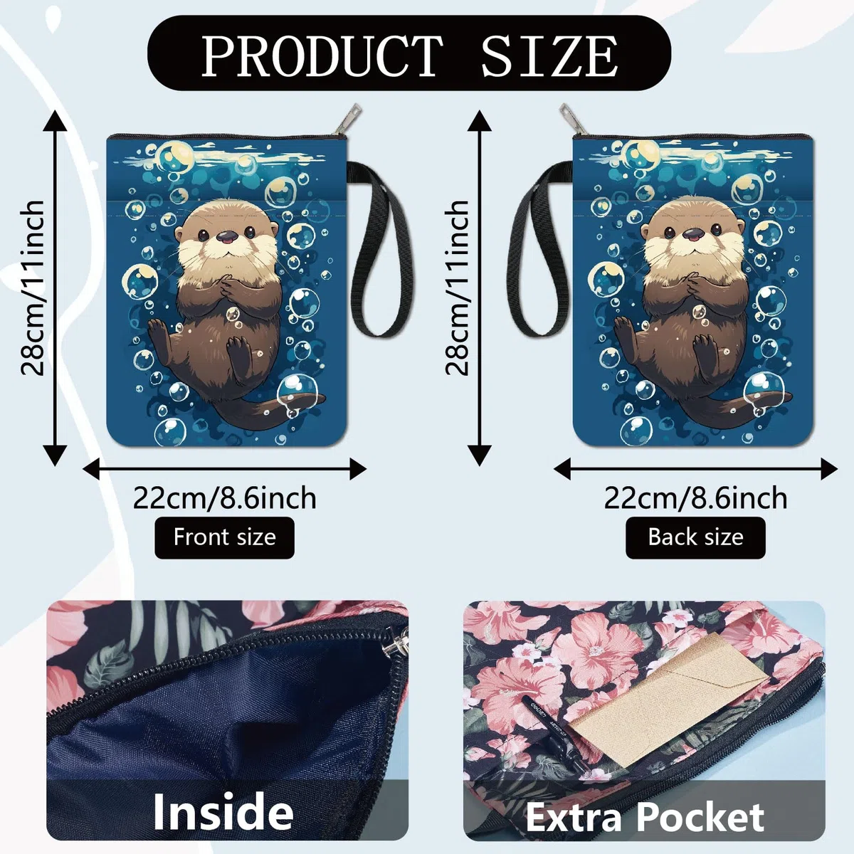 CRASPIRE Custodia per Libri Otters Protezione per Libri con Animali Marini Copertine per Libri Blu per Libri Tascabili Copertina per Libri In Tessuto Lavabile con Cerniera e Tasca Extra Sulla Manica
