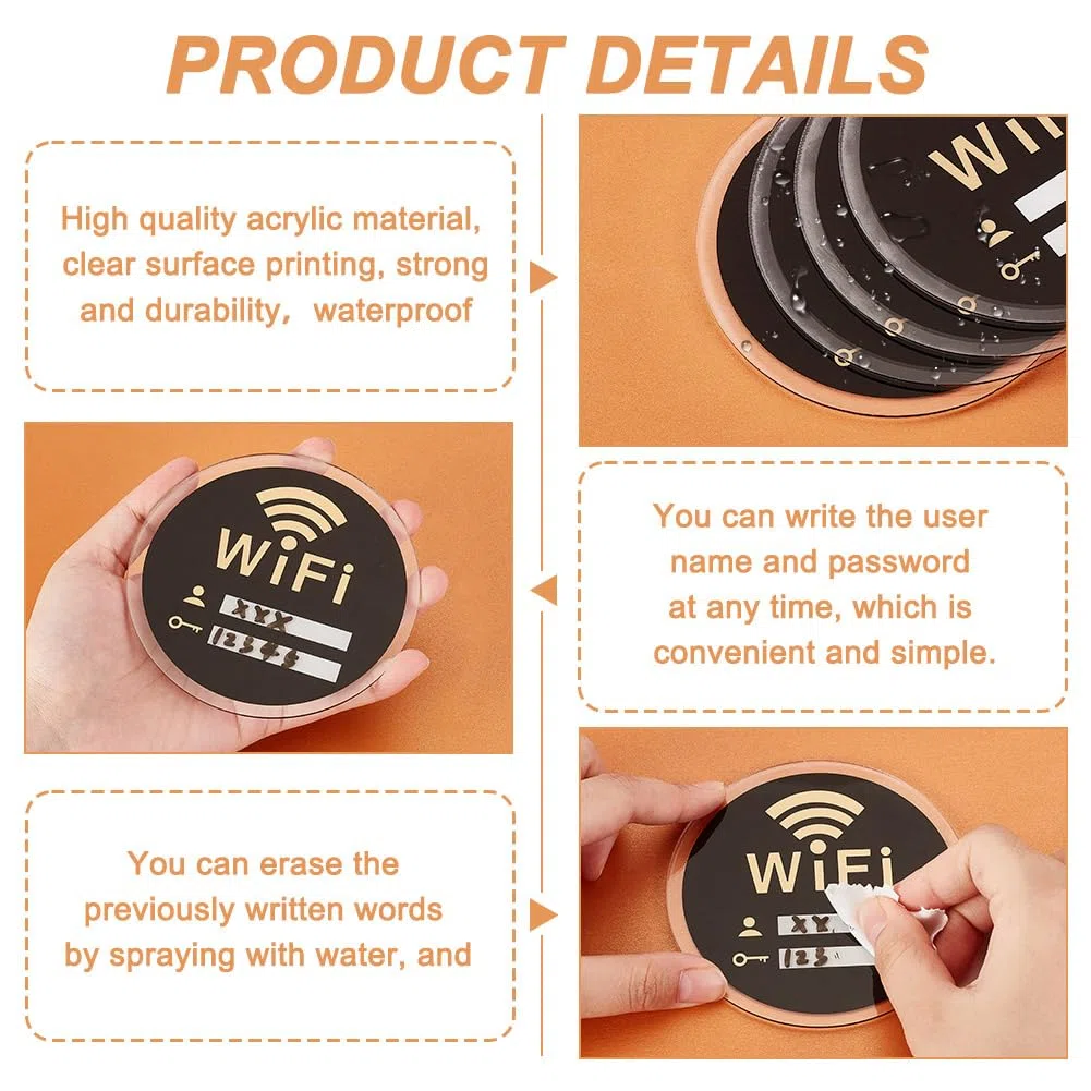 AHANDMAKER 4 pz WiFi Password Cartello Autoadesivo Rotondo Wifi Cartello Acrilico Copertura di Rete Wireless Cartello per Casa Lavoro Ristoranti Decorazione Parete 10 x 10 cm
