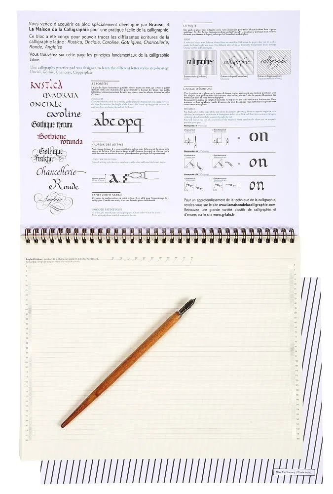 Brause 96450B - Blocco a spirali di calligrafia, 50 fogli a righe color Beige 21 x 29.7 cm, francese e inglese