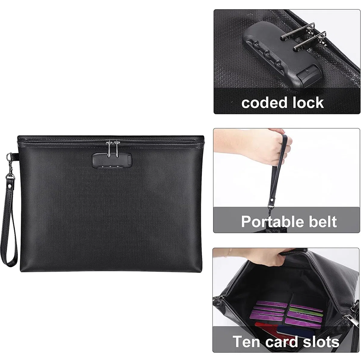 Borsa per documenti resistente alla temperatura con chiusura a codice, con cerniera, borsa protettiva per denaro, gioielli, oggetti di valore