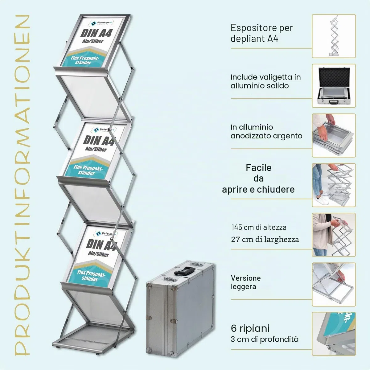 DisplayLager - Espositore da Terra, Argento, A4, Pieghevole, alluminio, inclusa valigia in alluminio/Portadepliant da pavimento per Brochure