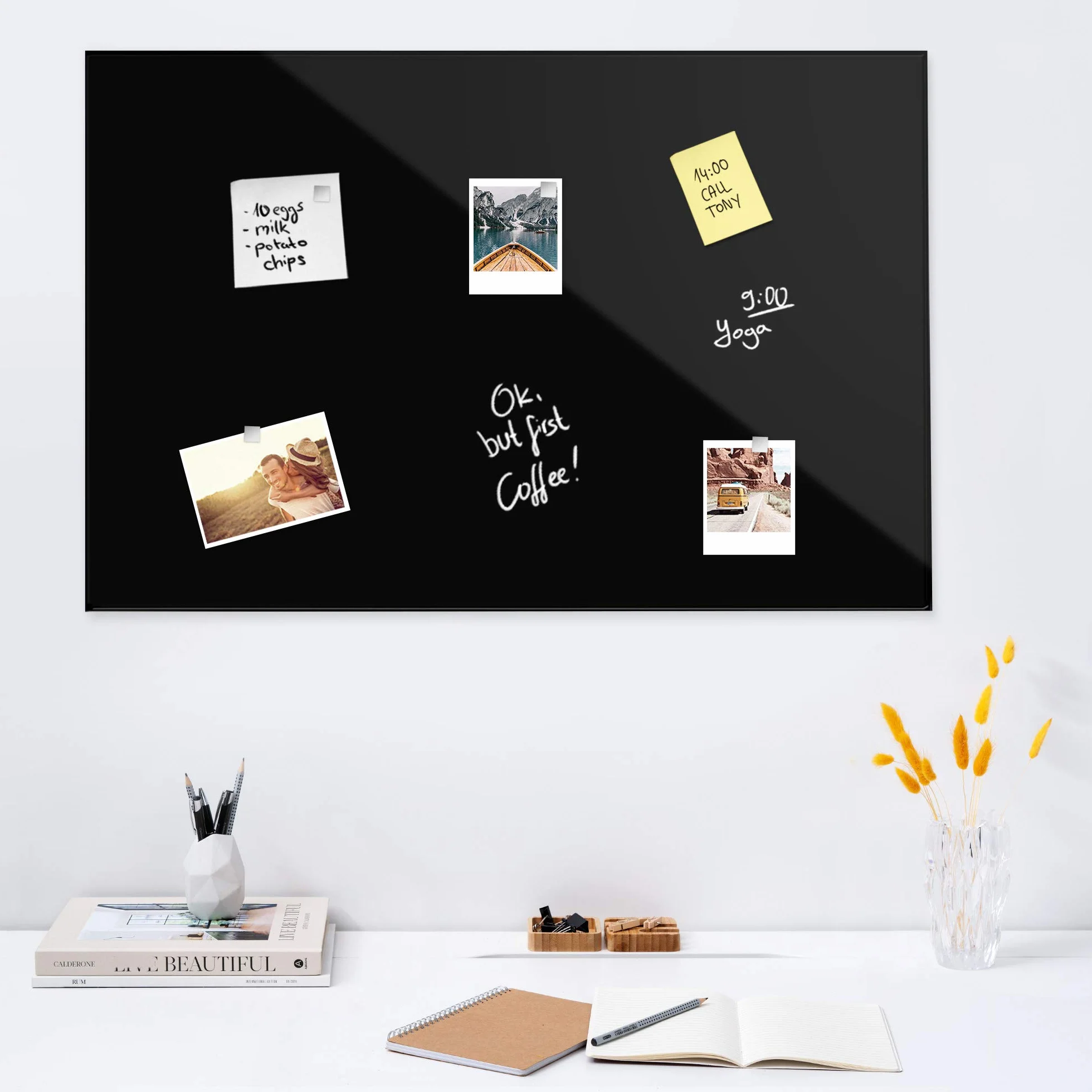 Navaris Lavagna Magnetica in Vetro 90x60cm - Bacheca Black-Board Scrivibile Lavagnetta per Calamite con Pennarello - Memo-Board Casa Ufficio - Nera