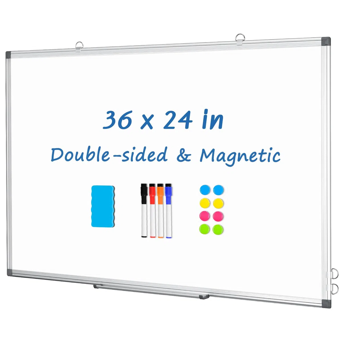 DOLLAR BOSS Lavagna magnetica cancellabile a secco, 91 x 61 cm, lavagna magnetica a doppia faccia per parete, cornice in alluminio argentato, per ufficio, scuola, casa, con 8 magneti, 4 pennarelli, 1