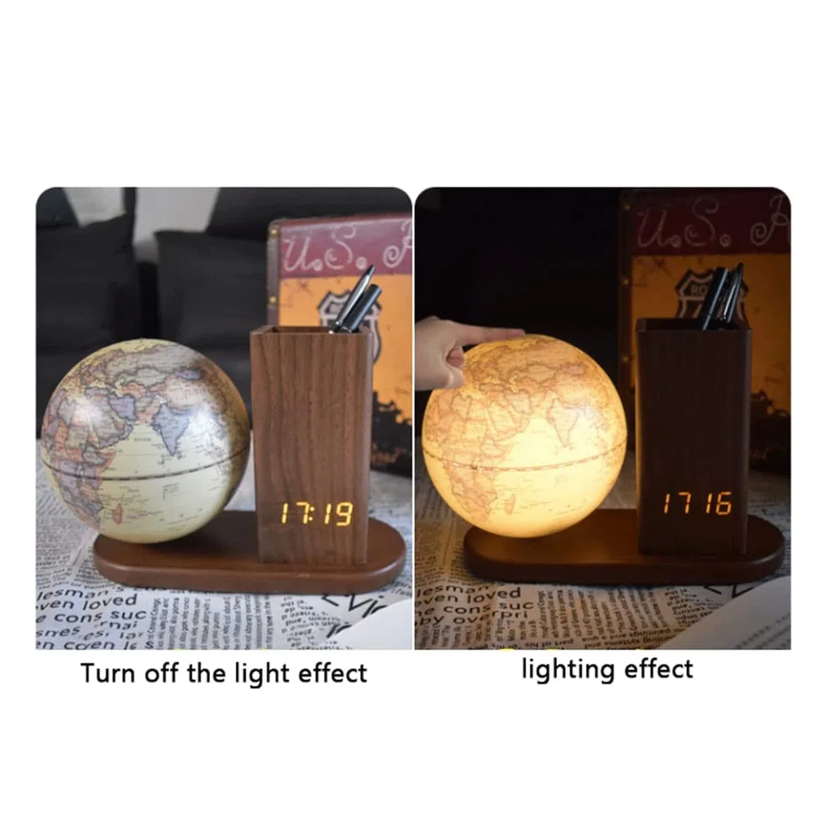 LIOONS Mappamondi Mappamondo Illuminato Mappamondo Globo Illuminato Ricaricabile con Orologio Digitale Globi Geografici Globi Touch Switch Fine e Chiaro