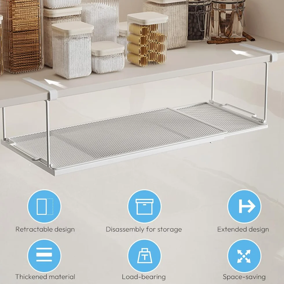 Cesto sospeso in metallo con regolabile da 38 a 70 cm, estraibile sotto scaffale, per armadio da cucina, dispensa e armadi (bianco)