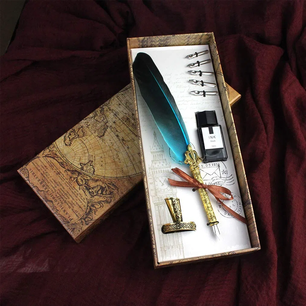 Set per scrittura calligrafica con 5 pennini di ricambio, inchiostro, calamaio e penna, regalo blu