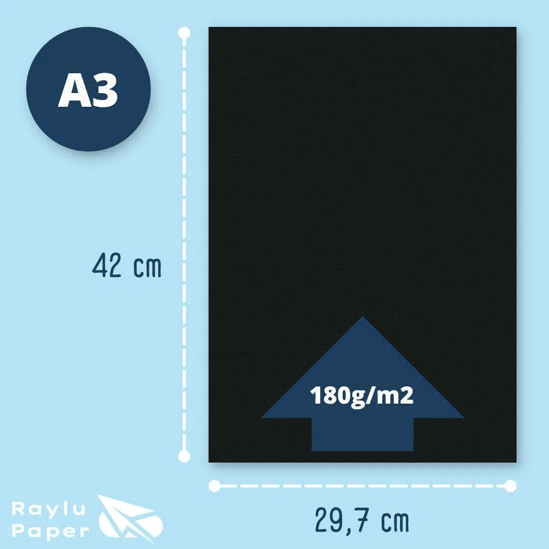 RAYLU PAPER – Cartoncini Colorati A3, 50 Pezzi Fogli Colorati 180g/m², 297 x 420 mm, Carta Colorata Proffesionale per l’ufficio e per l'artigianato (Nero)
