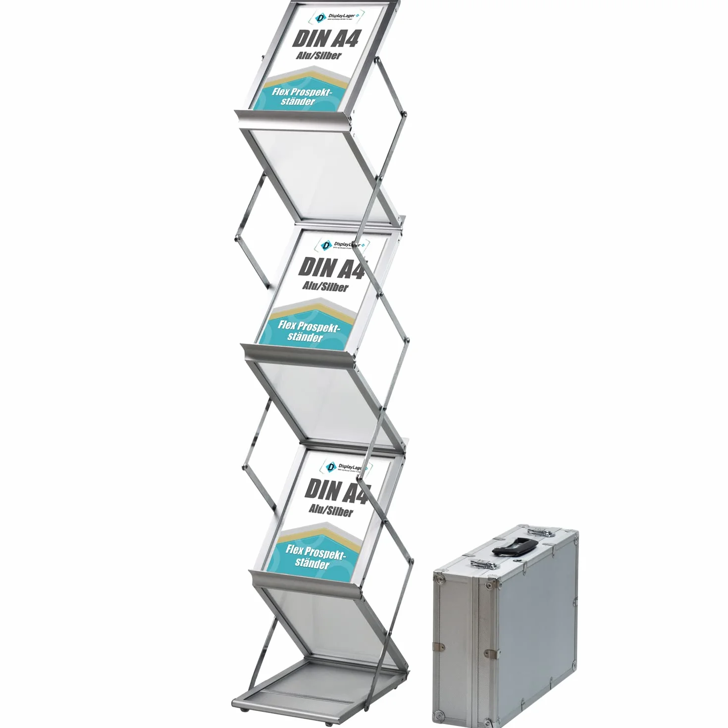 DisplayLager - Espositore da Terra, Argento, A4, Pieghevole, alluminio, inclusa valigia in alluminio/Portadepliant da pavimento per Brochure