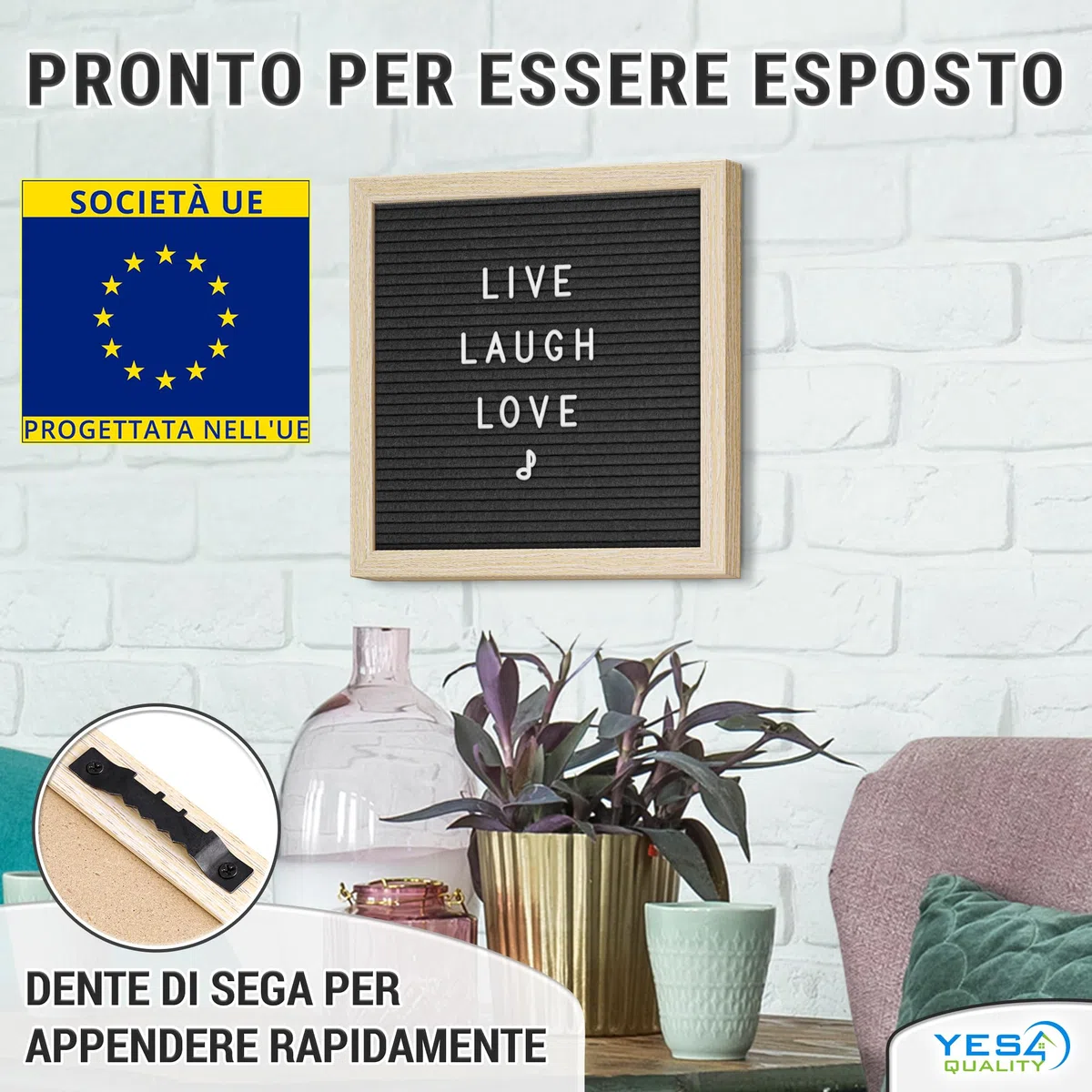 Lavagna per lettere in feltro - 25x25 cm, Nero - 170 lettere, numeri ed emoji per celebrazioni e annunci - Lavagna per messaggi personalizzabile con cornice in legno per la casa - di Yes4Quality