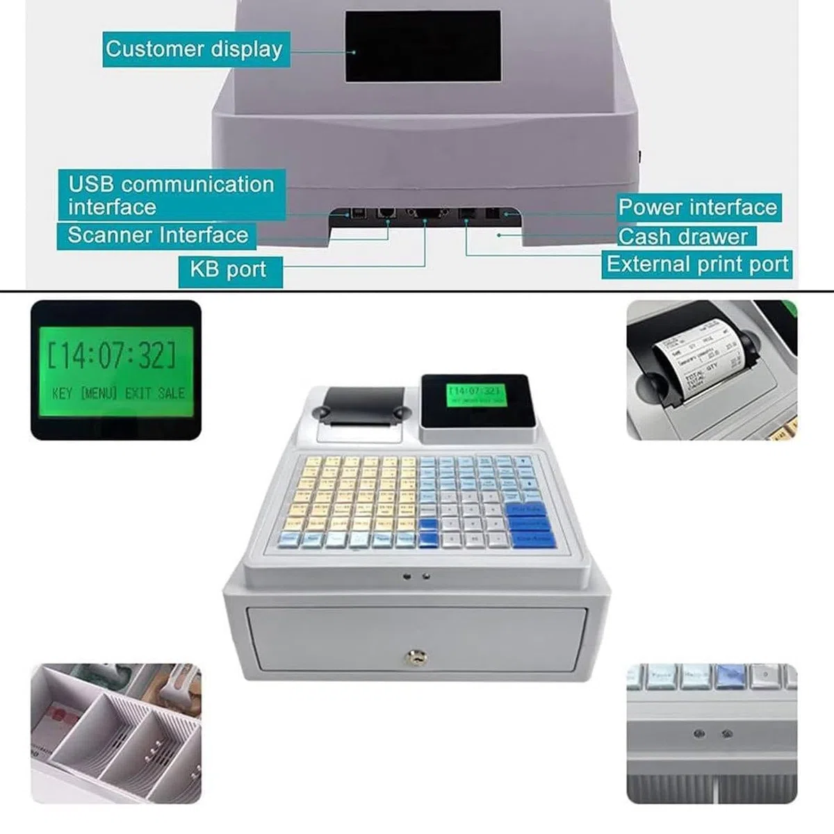 Registratore di Cassa elettronico, registratore di Cassa Tutto in Uno a 81 Tasti, 8 Display digitali a LED con Vassoio Cassa Rimovibile e Stampante Termica, per supermercati, Negozi