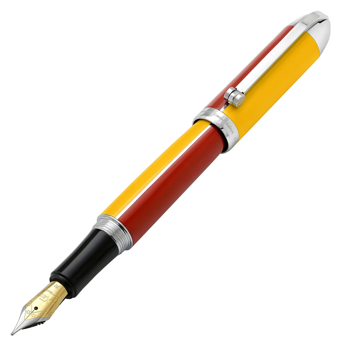 Xezo Visionary - Penna stilografica in ottone e alluminio, pennino medio, laccata a mano nei colori giallo pioppo e rosso. Numerata in edizione limitata di 500. Disposizione cromatica Art Déco