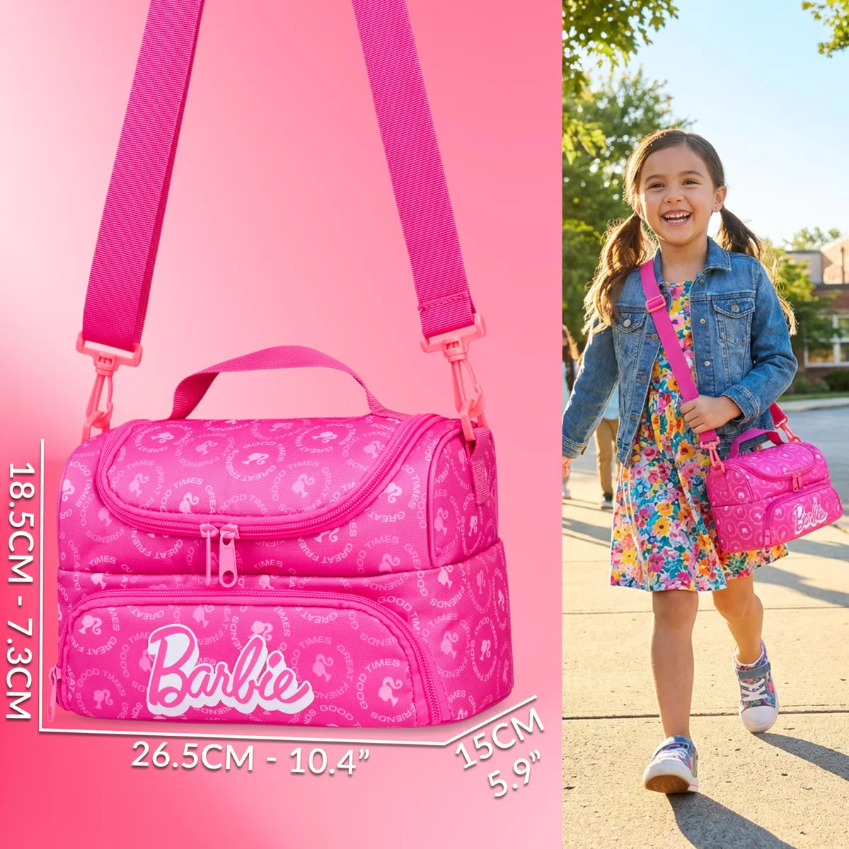 Get Trend Barbie Borsa Termica Porta Pranzo Bambini, Borsa Pranzo con 2 Scomparti Isolati Zip, Manico Robusto e Tracolla Regolabile e Rimovibile per Scuola e Gite, Idea Regali