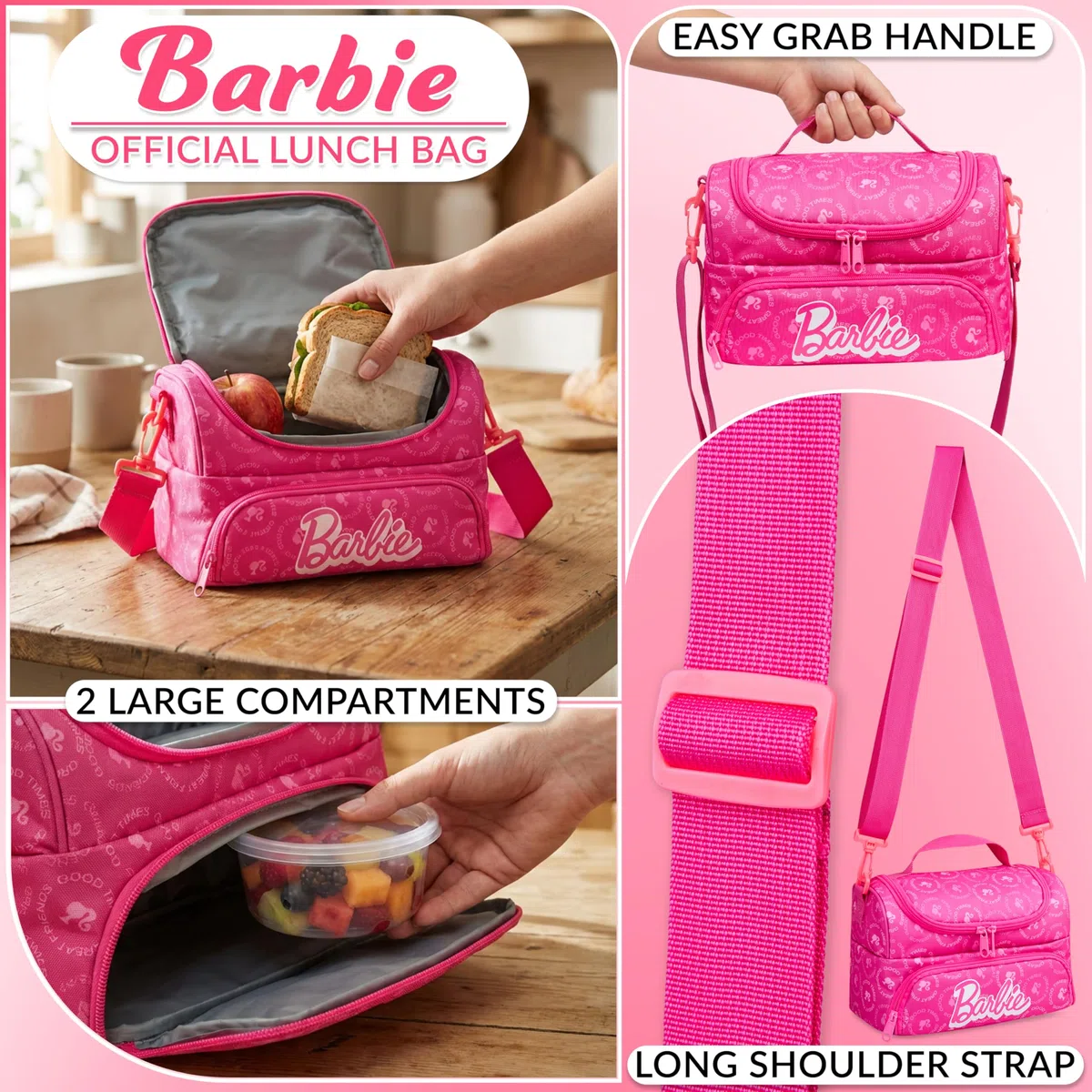 Get Trend Barbie Borsa Termica Porta Pranzo Bambini, Borsa Pranzo con 2 Scomparti Isolati Zip, Manico Robusto e Tracolla Regolabile e Rimovibile per Scuola e Gite, Idea Regali