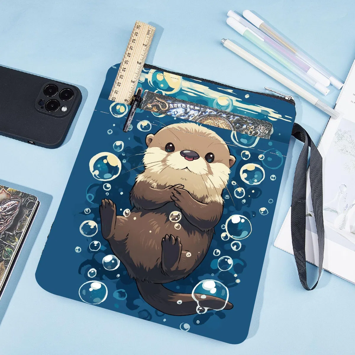 CRASPIRE Custodia per Libri Otters Protezione per Libri con Animali Marini Copertine per Libri Blu per Libri Tascabili Copertina per Libri In Tessuto Lavabile con Cerniera e Tasca Extra Sulla Manica