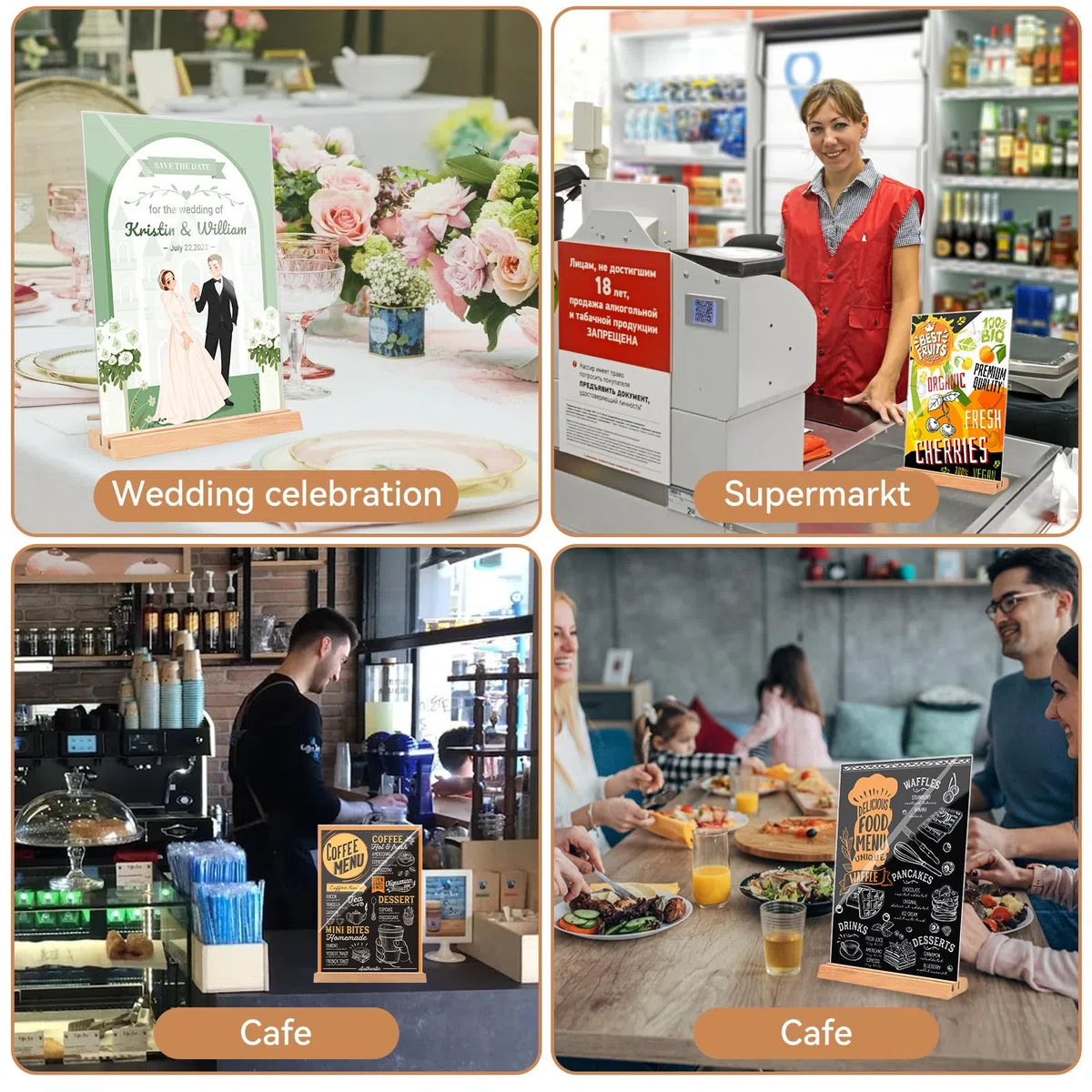 2 espositori da tavolo A4, formato A4, in acrilico, con base in legno, per foto, caffè, ristoranti, esposizioni, uffici, promozioni (forma & T – 2 opzioni)