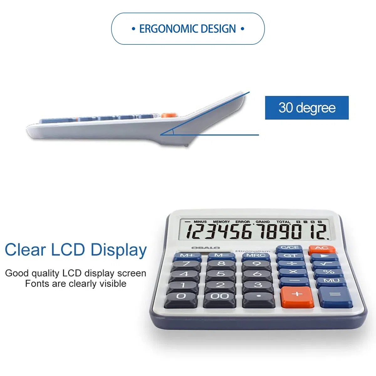 OSALO Calcolatrice da tavolo per ufficio a 12 cifre grandi display LCD (OS-6M)