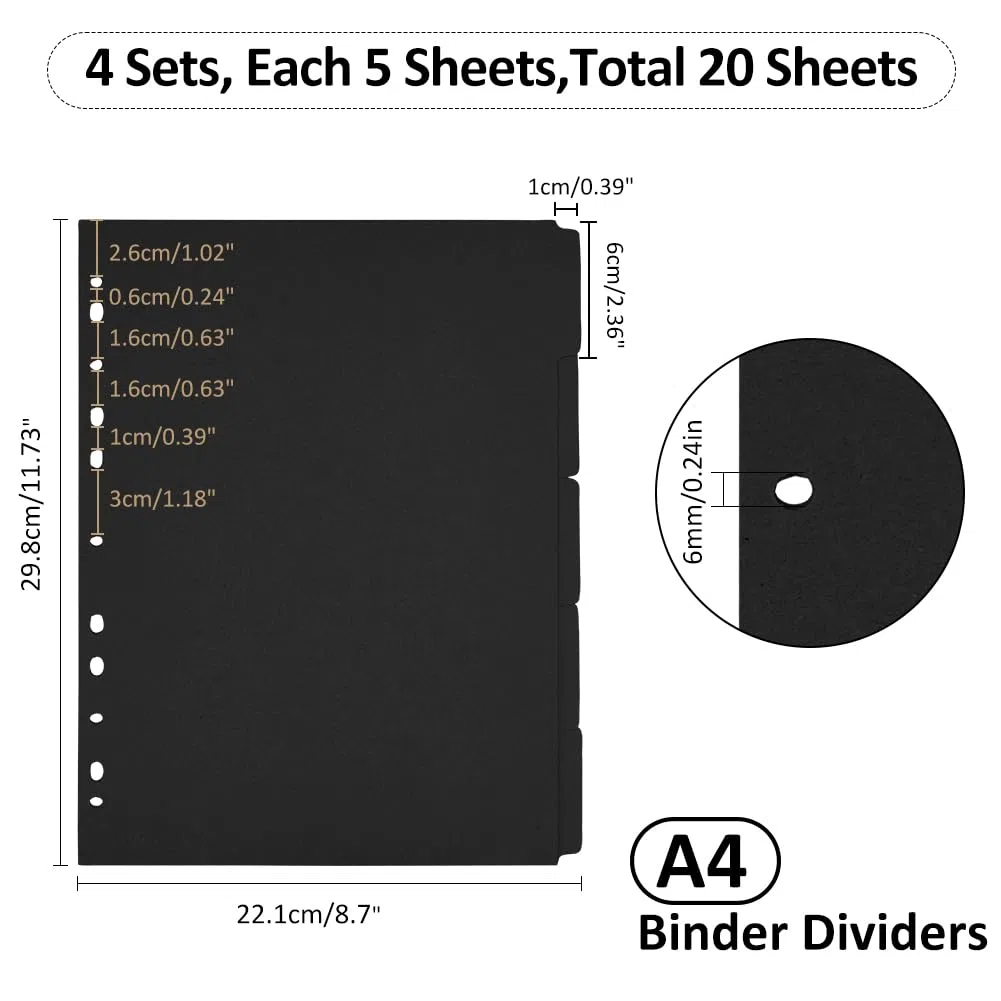 SUPERFINDINGS 20 Fogli 5-Tab Divisori per raccoglitori a 11 fori Divisori per raccoglitori 29.8x22.1cm A4 Divisori per quaderni con schede Nero Divisori scrivibili per quaderni Cartelle Orari
