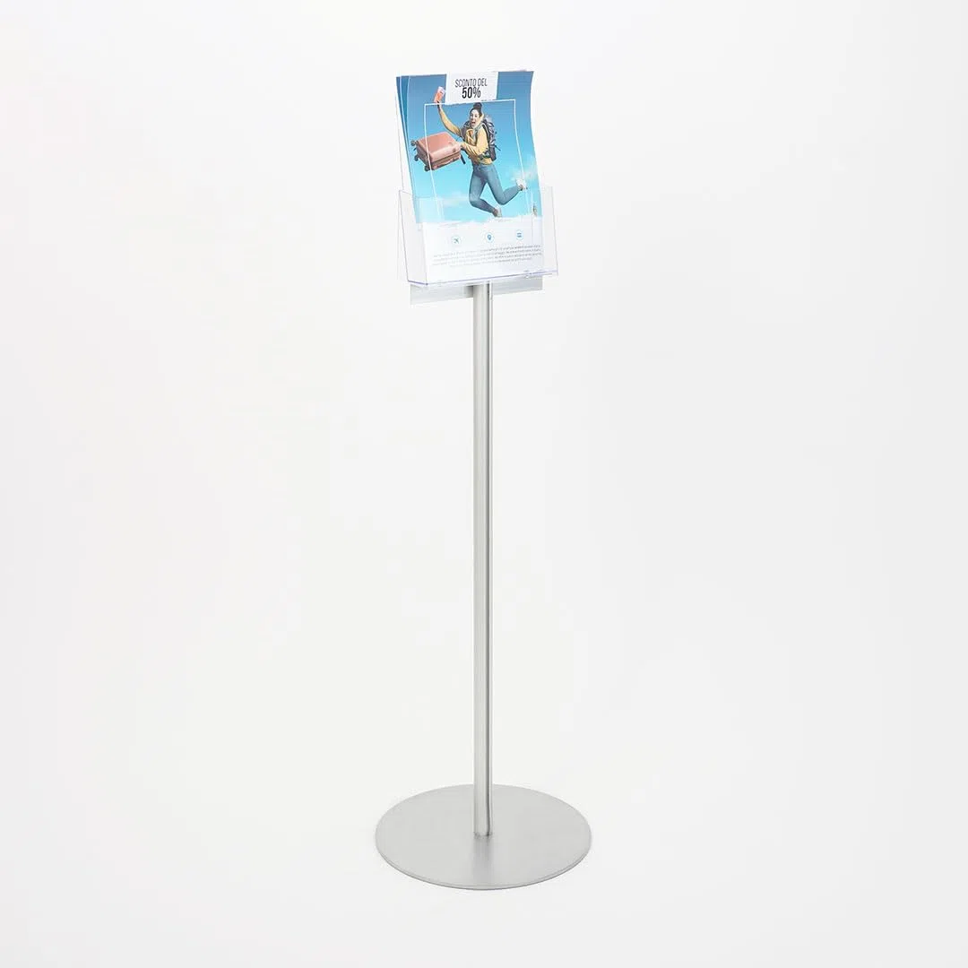 Danieli - Porta Depliant da Terra in Acrilico Trasparente A4 con 1 tasca, per Riviste e Brochure. Porta Volantini Resistente da Utilizzare come Espositore per Ufficio e Negozi. (Alluminio Silver)