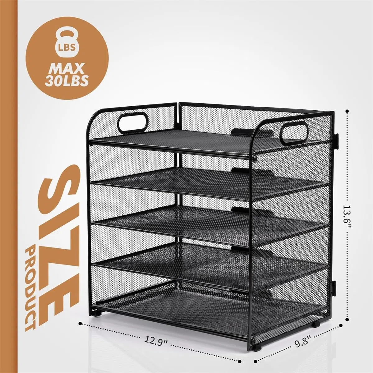 SOONHUA Organizer Scrivania a 5 Ripiani, Vaschette Portadocumenti in Rete Metallica con Vassoi Scorrevoli e Maniglie, Porta Documenti A4 per Ufficio e Casa, Bianco, 32x23x34 cm