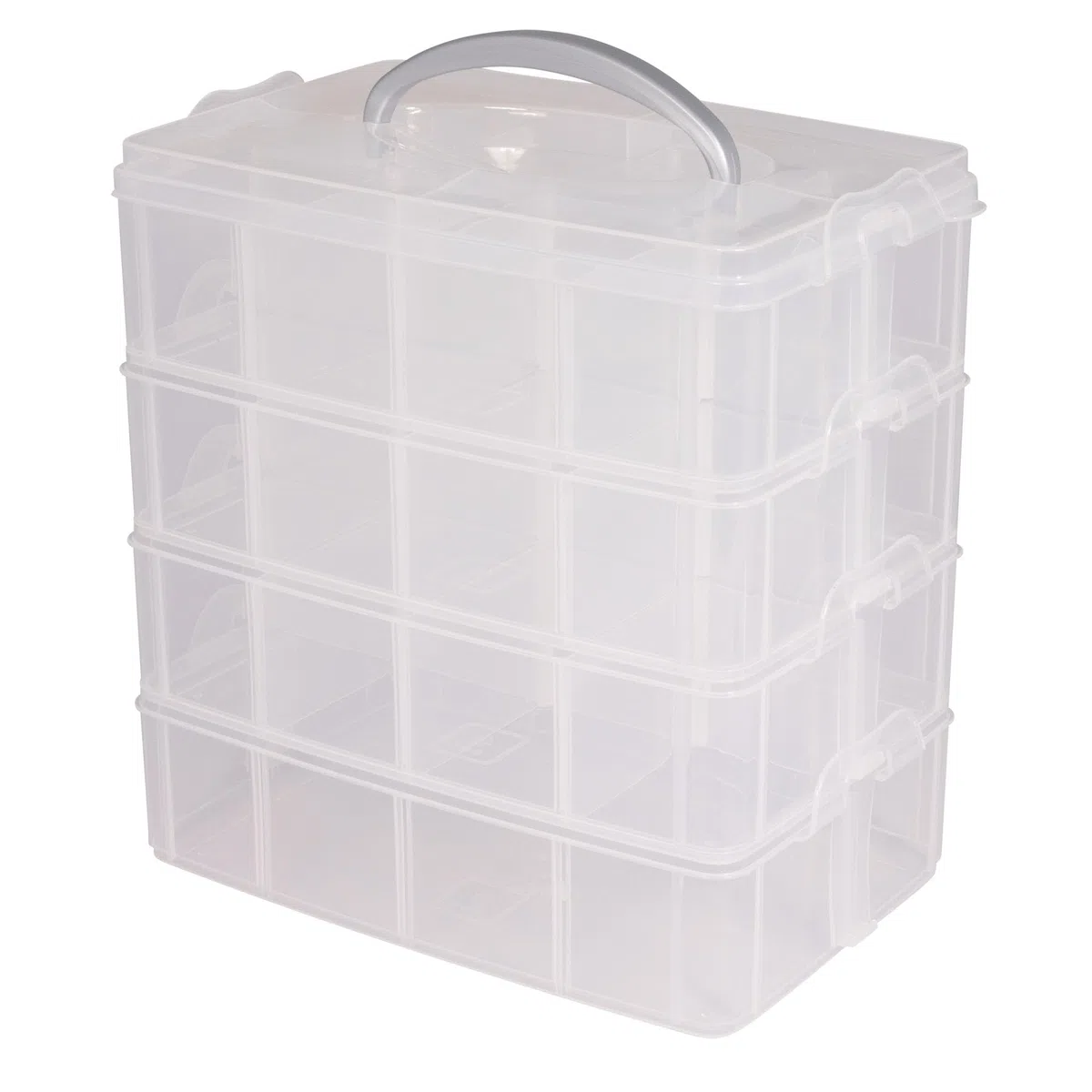 Rayher box di conservazione, box assortimento con manico, 4 ripiani, 23,1 x 15,6 cm, altezza 24,7 cm, plastica, trasparente, ideale per miniature, giocattoli, attrezzi, accessori da cucito