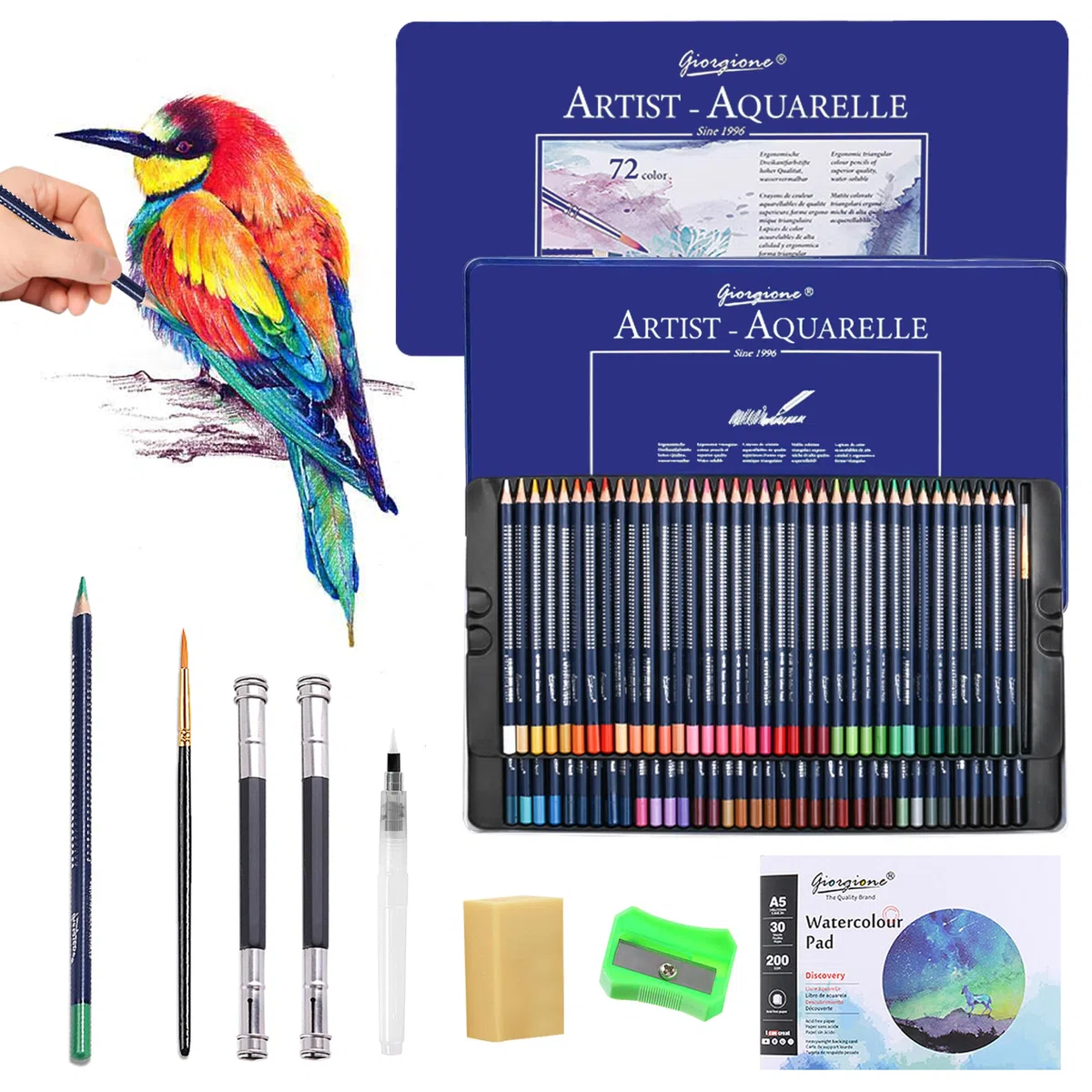 Matite Colorate,72 Set Matite da Disegno Professionali,per Sfumatura, Stratificazione e Pittura ad Acquerello,Con temperino,2 Estensori per matita e gomma,Matite Acquarellabili Professionali