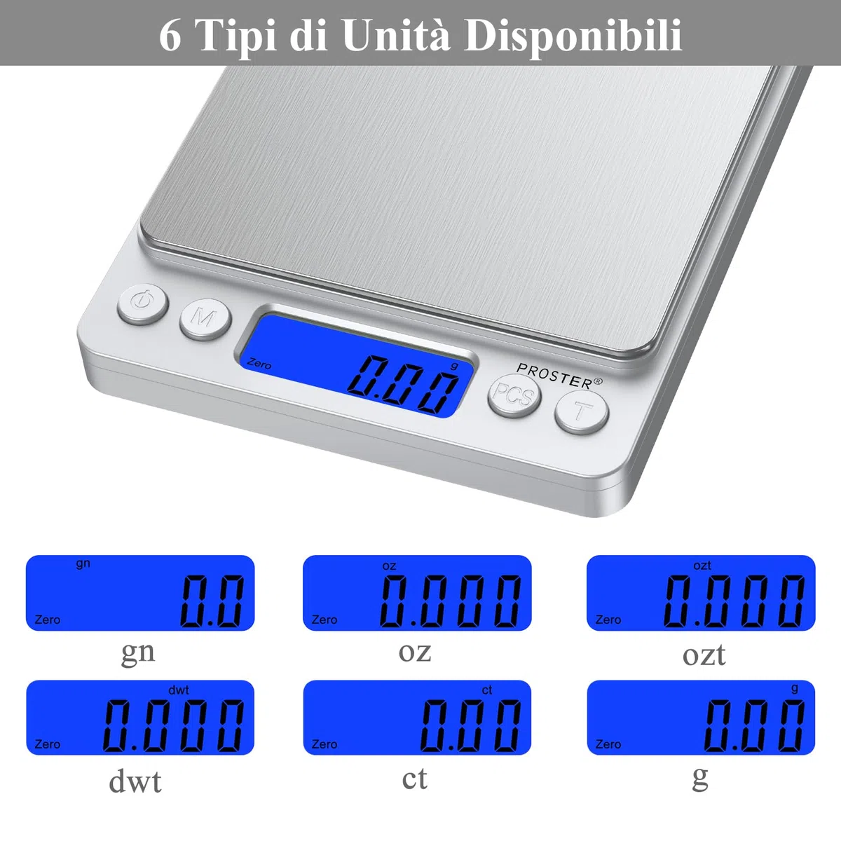 Proster Mini Bilancia Digitale Tascabile 0,03-500g Bilancia da Cucina con Funzione Tare Display LCD Retroilluminato Acciaio Inox Bilancino per Gioielli e Piccoli Oggetti Alta Precisione Portatile