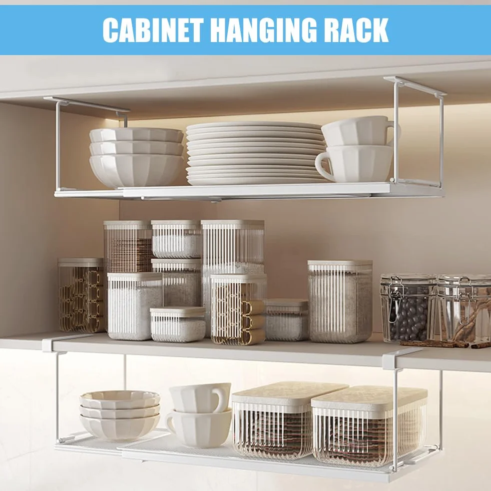 Cesto sospeso in metallo con regolabile da 38 a 70 cm, estraibile sotto scaffale, per armadio da cucina, dispensa e armadi (bianco)