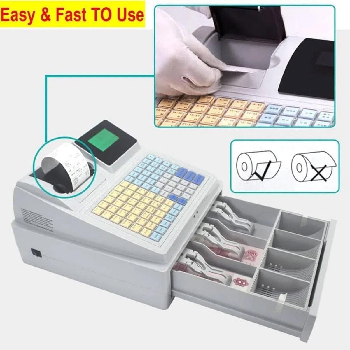 Registratore di Cassa elettronico, registratore di Cassa Tutto in Uno a 81 Tasti, 8 Display digitali a LED con Vassoio Cassa Rimovibile e Stampante Termica, per supermercati, Negozi