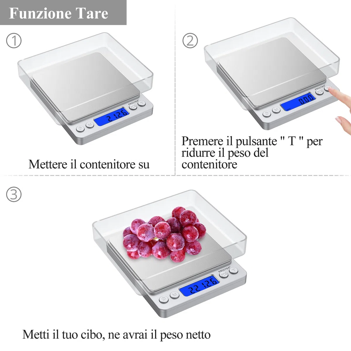 Proster Mini Bilancia Digitale Tascabile 0,03-500g Bilancia da Cucina con Funzione Tare Display LCD Retroilluminato Acciaio Inox Bilancino per Gioielli e Piccoli Oggetti Alta Precisione Portatile