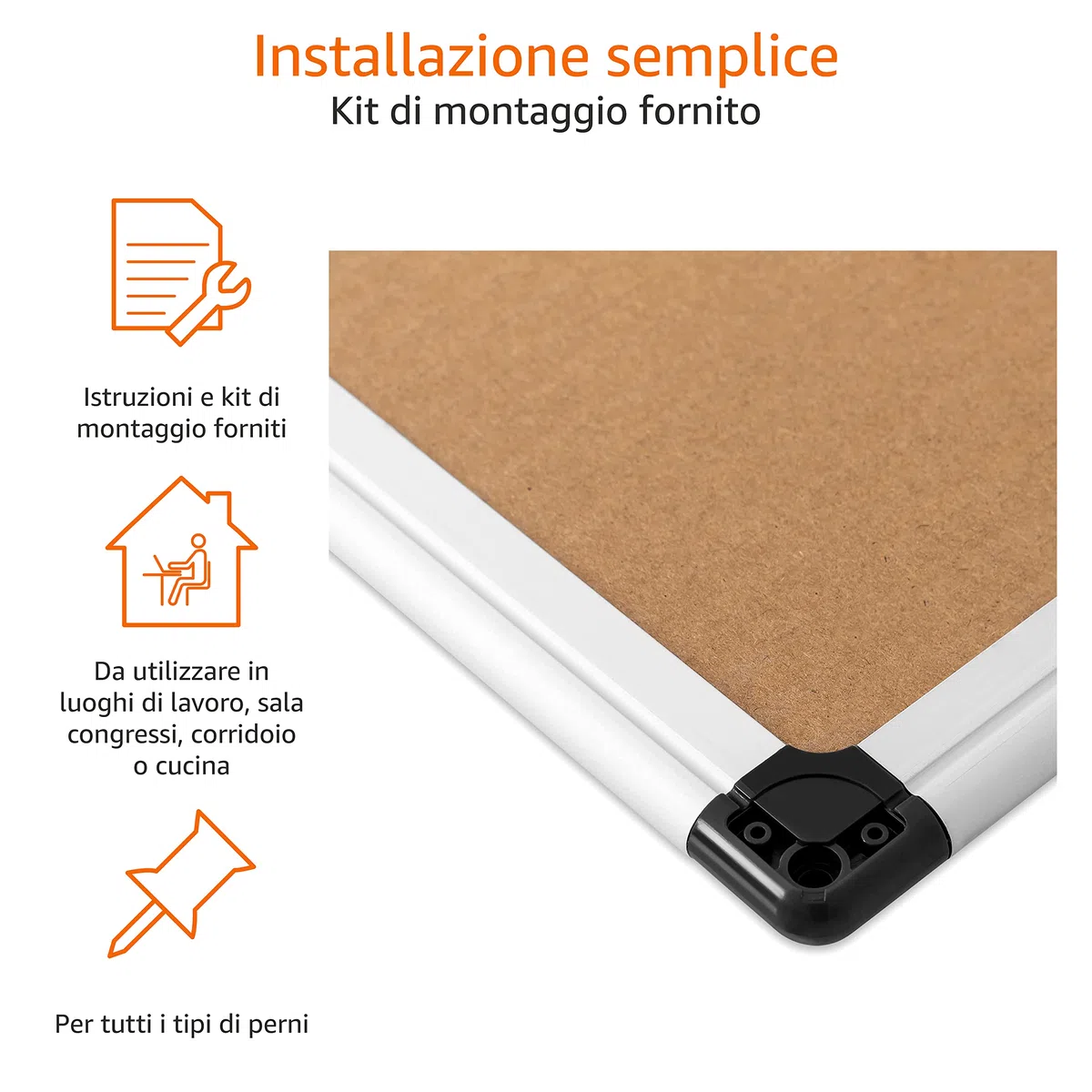 Amazon Basics Rettangolare Bacheca in sughero, con cornice in alluminio, Argento, 90 x 60 cm